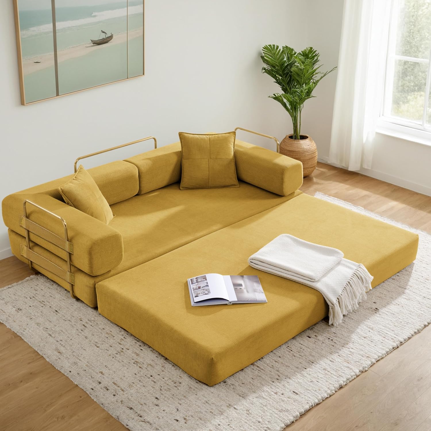 Convertible Couch Sofa Bed Foldable Floor Sleeper | Modern Deep Seat Fold Out Couch | Removable Backrest & Armrests | No Assembly Compression Sofa Sleeper for Living Room, Bedroom | Corduroy Green