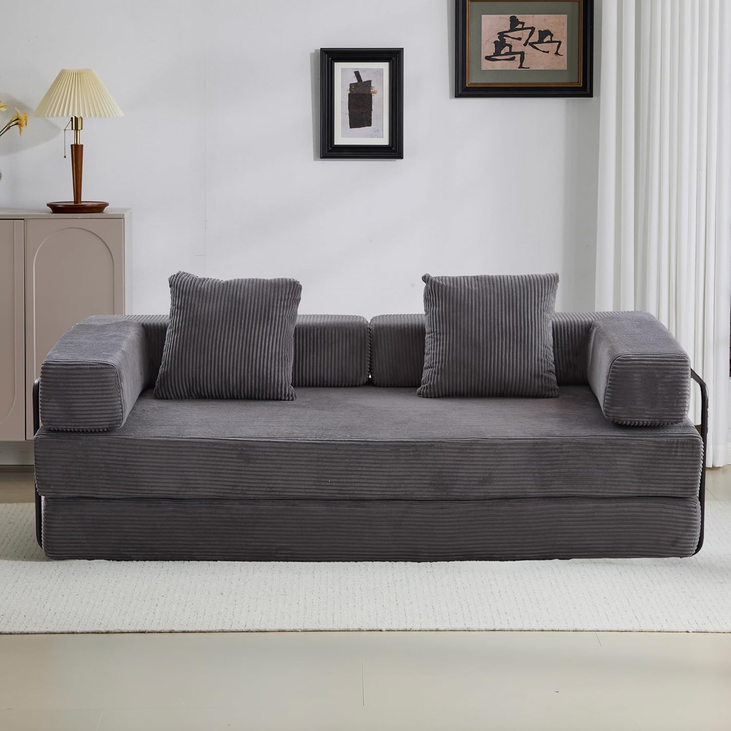 Convertible Couch Sofa Bed Foldable Floor Sleeper | Modern Deep Seat Fold Out Couch | Removable Backrest & Armrests | No Assembly Compression Sofa Sleeper for Living Room, Bedroom | Corduroy Green