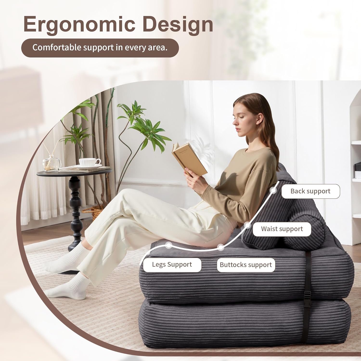 Folding Sofa Bed, Convertible Sleeper Chair with Back Support & Pillow, Foldable Floor Couch with High-Density Foam, Futon Mattress for Living Room/Bedroom/Apartment/Guest, Single, Dark Grey