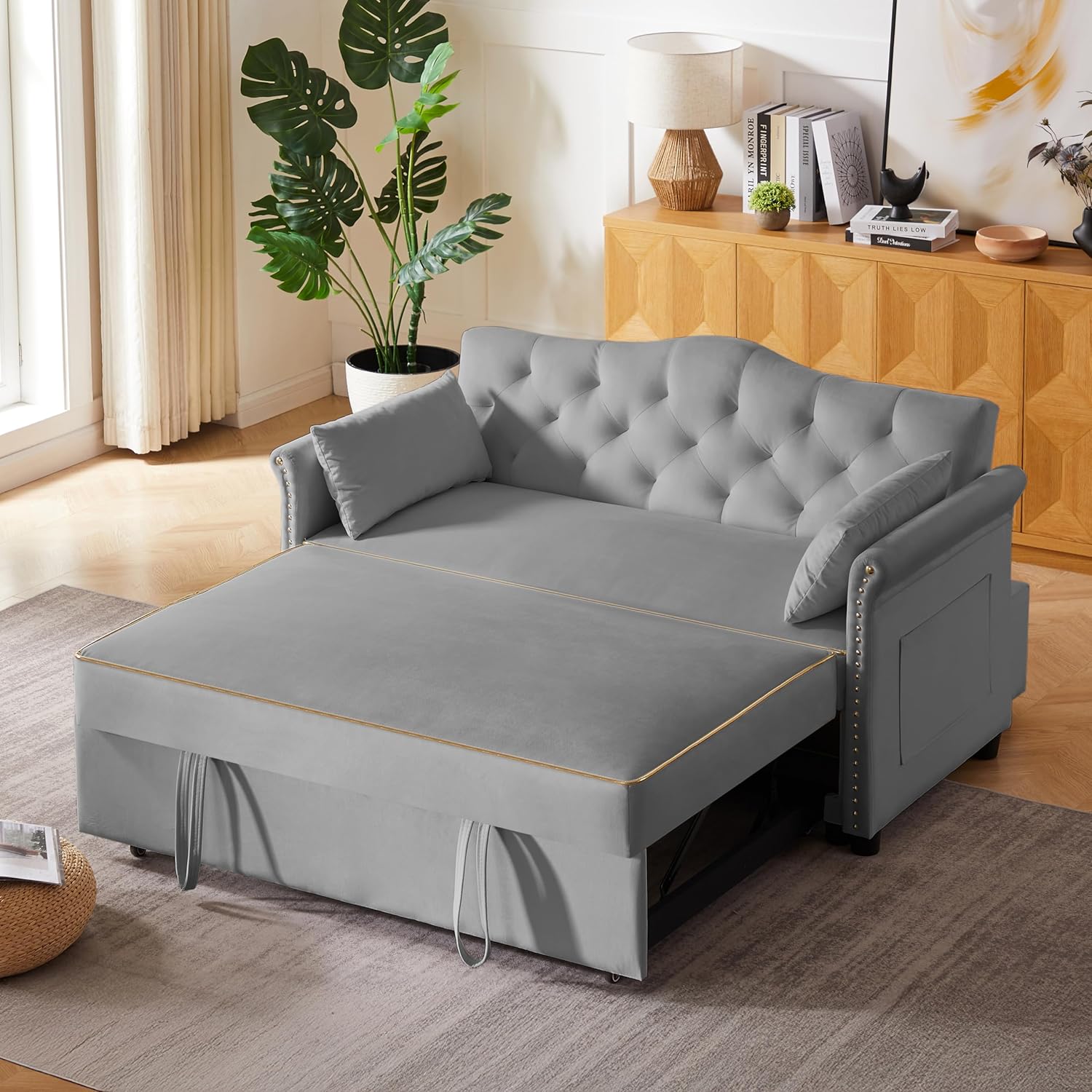 65'' 3-in-1 Folding Convertible Sofa Bed, Queen Size Pullout Sofa, Modern Chenille Fabric, 360° Swivel Side Table, Easy Assembly, Perfect for Living Room