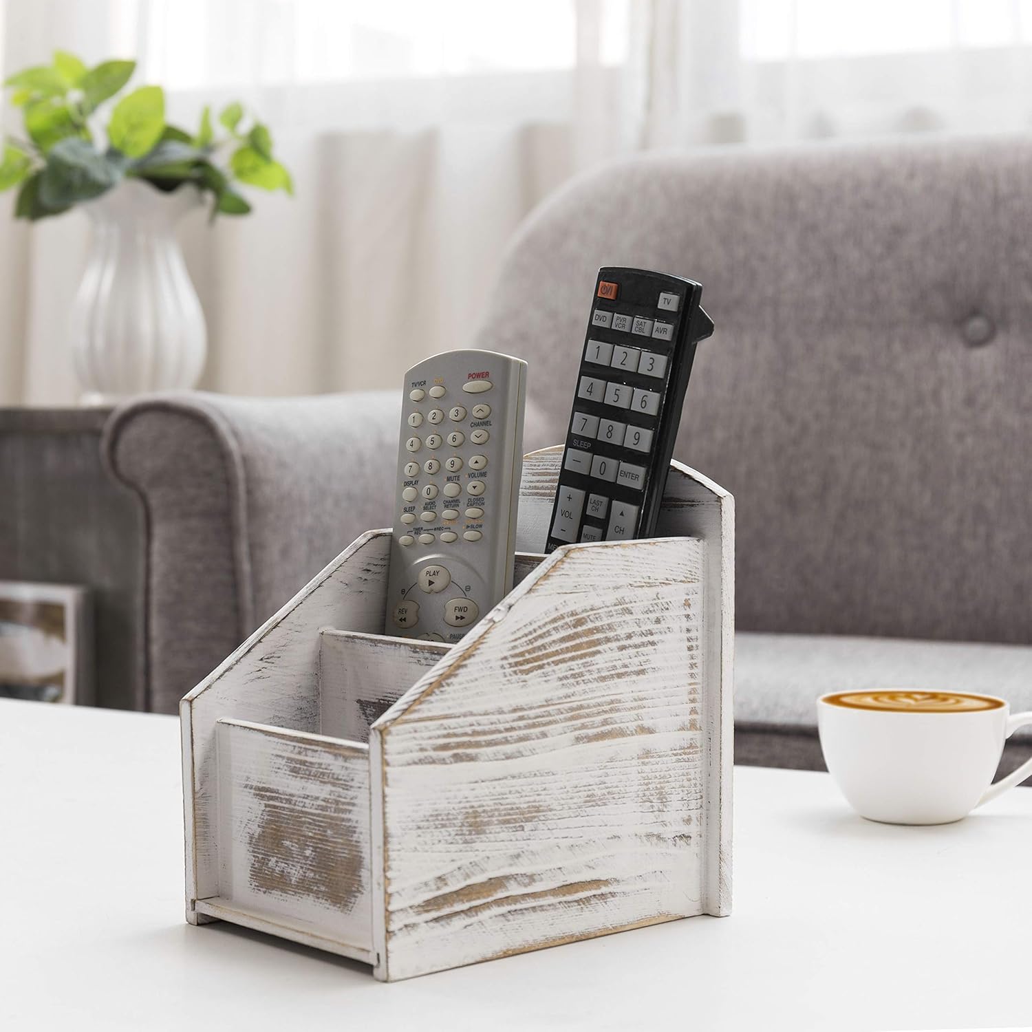 MyGift Remote Control Holder,TV Remote Holder,Whitewashed Wood Remote Caddy for Table,Remote Control Organizer Caddy with 3 Compartments, TV Remote Media Remote Storage Box for Living Room