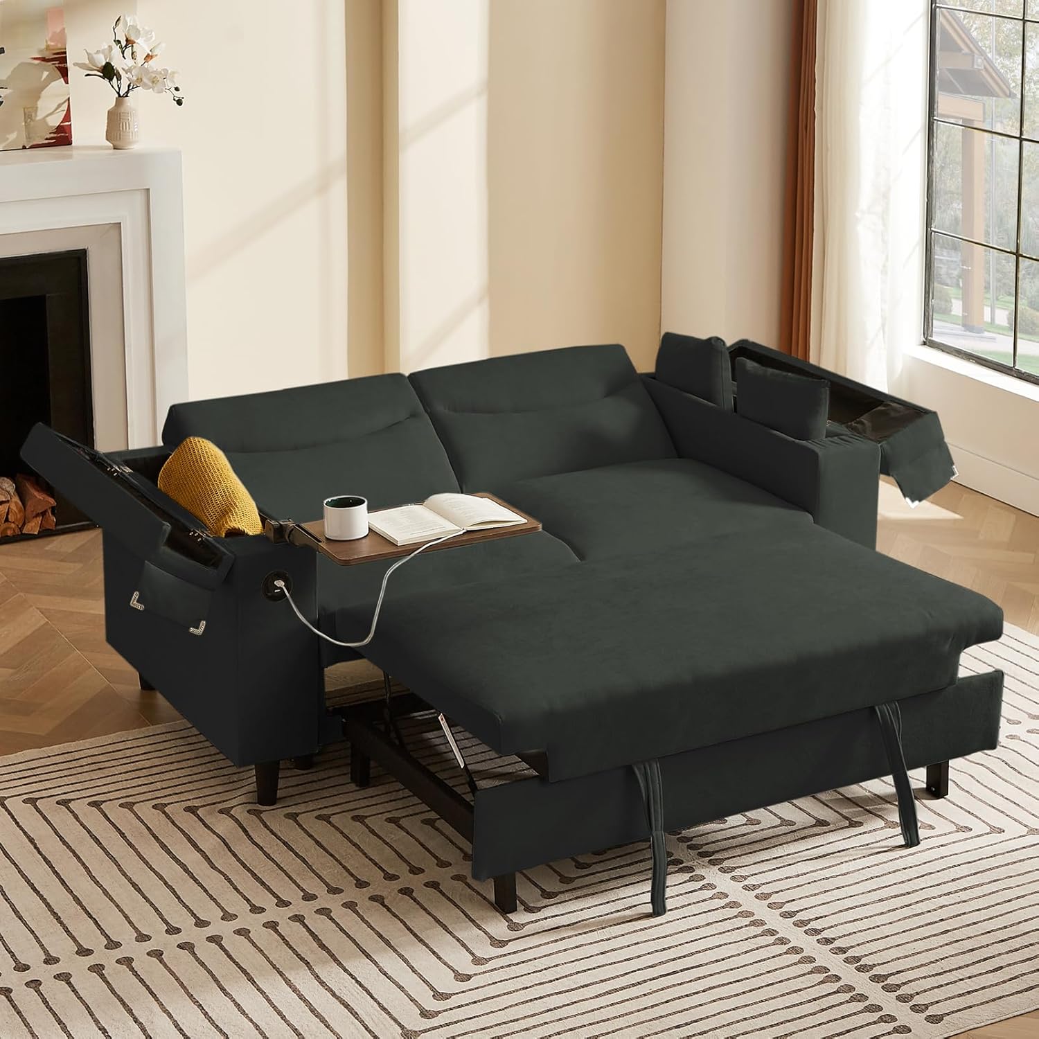 65'' 3-in-1 Folding Convertible Sofa Bed, Queen Size Pullout Sofa, Modern Chenille Fabric, 360° Swivel Side Table, Easy Assembly, Perfect for Living Room