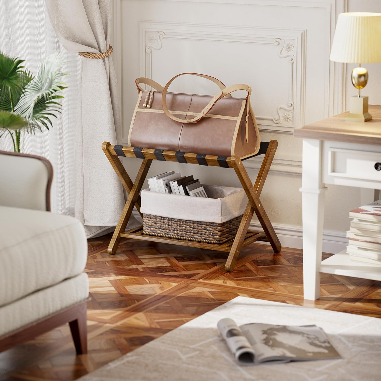 SMIBUY Luggage Rack, Set of 2, Foldable Bamboo Suitcase Stand with Storage Shelf for Guest Room, Bedroom, Hotel, Heavy-Duty (Walnut)