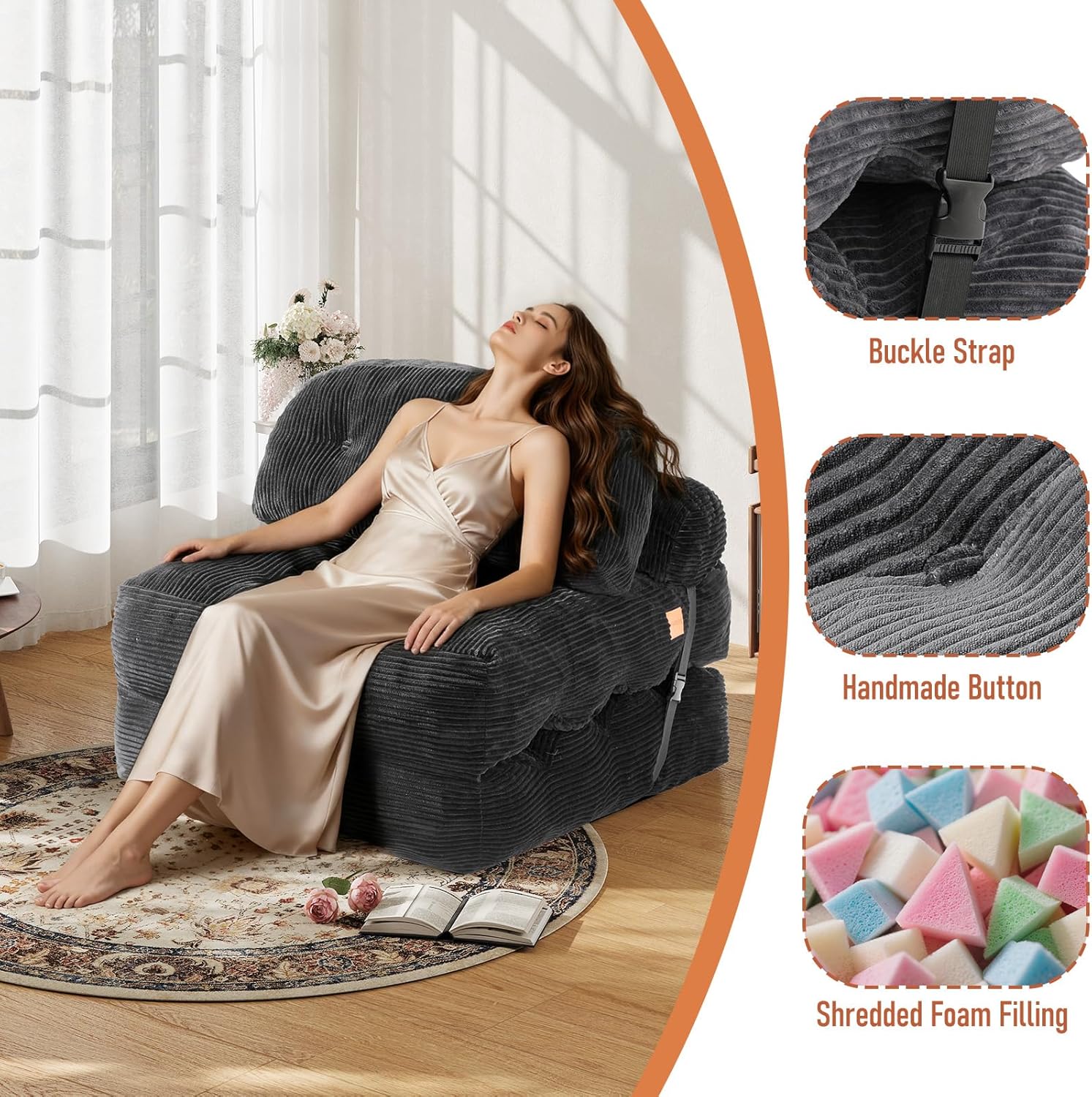 Folding Sofa Bed, Convertible Sleeper Chair with Back Support and Pillow Futon, Foldable Couch for Living Room/Guest Use/Home Office, Foldable Chair Bed for Adults, Dark Gray