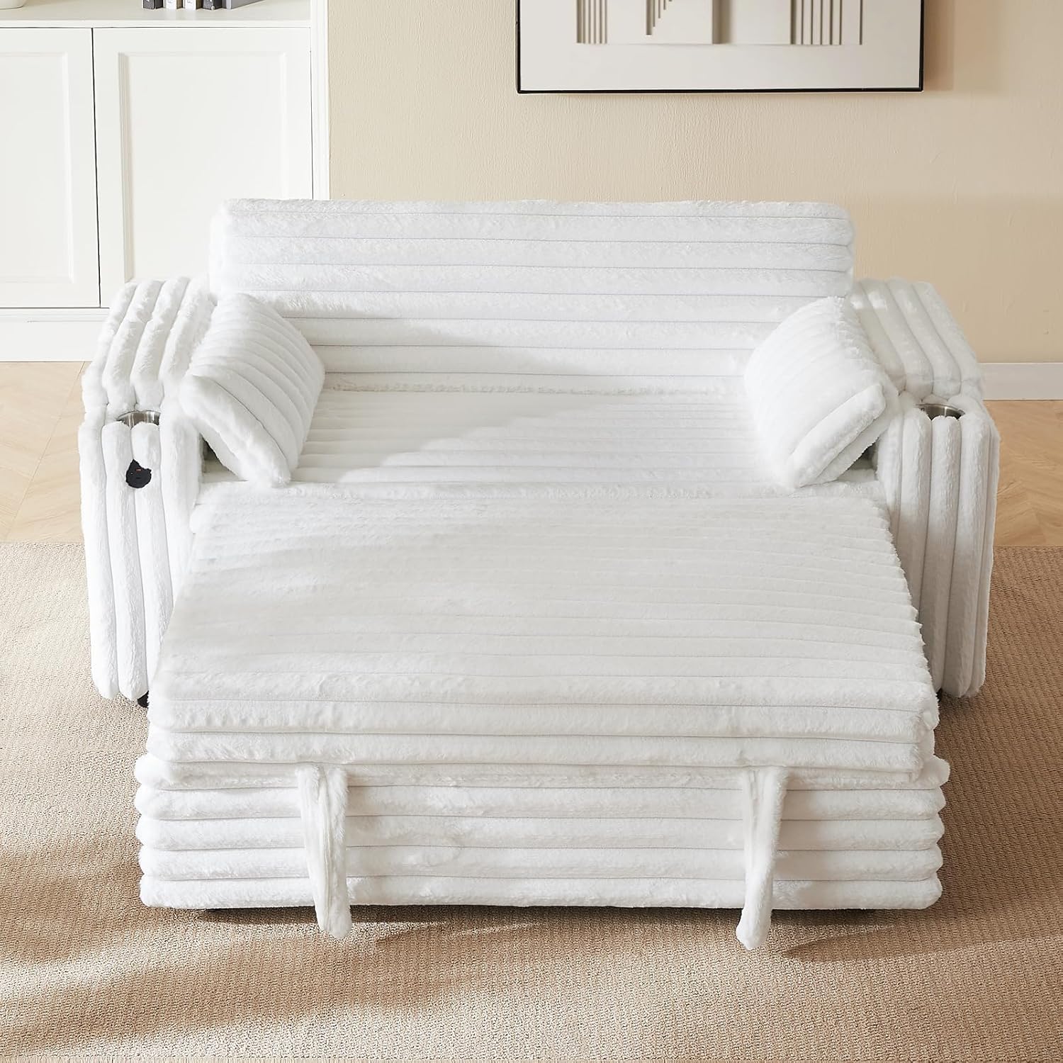 65'' 3-in-1 Folding Convertible Sofa Bed, Queen Size Pullout Sofa, Modern Chenille Fabric, 360° Swivel Side Table, Easy Assembly, Perfect for Living Room