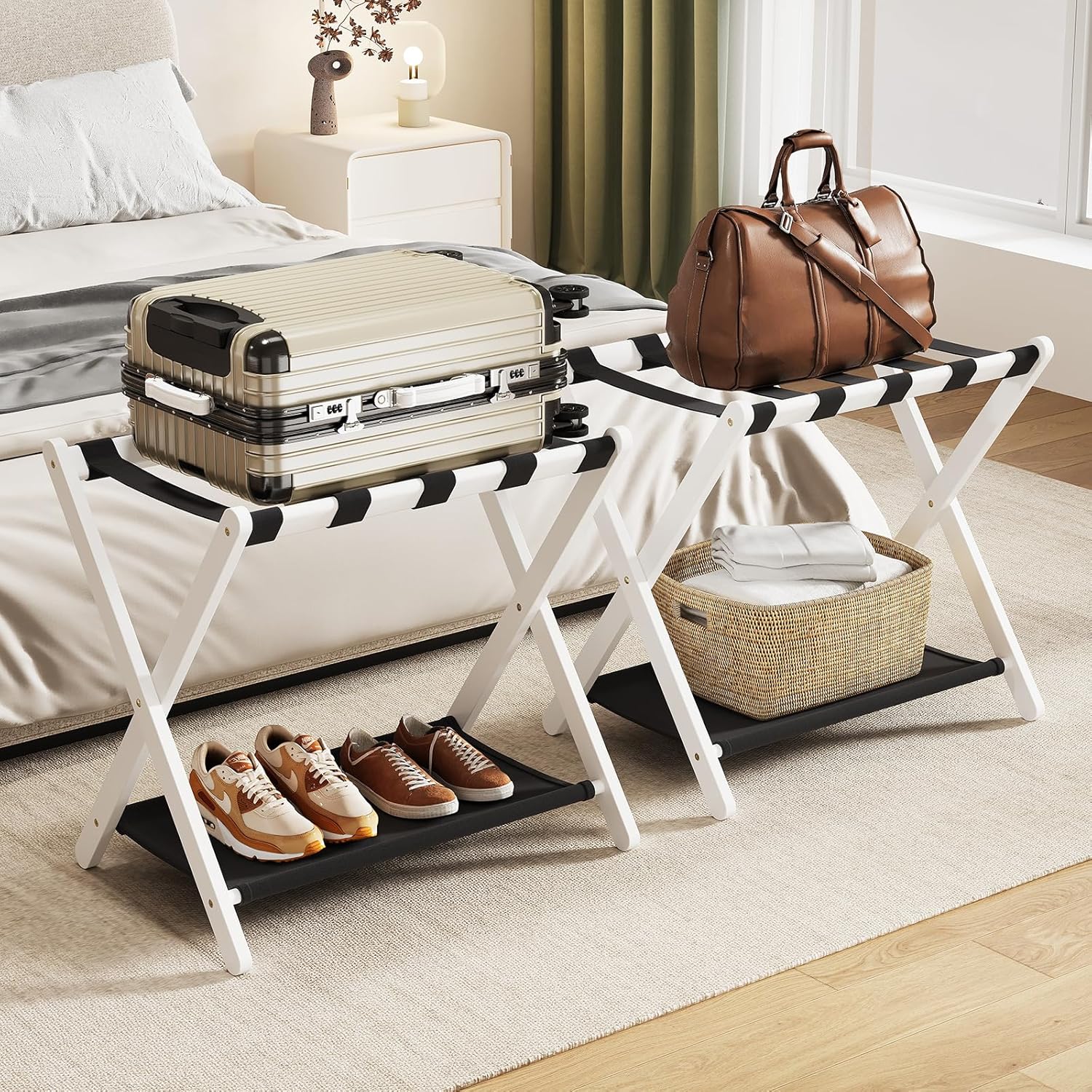 Fully Assembled Walnut Luggage Racks Set of 2, Bamboo 26.77" Luggage Rack Stand for Guest Room, 5 Nylon Straps, Foldable Suitcase Stand with Storage Shelf for Bedroom Hotel, Holds up to 165 Lbs