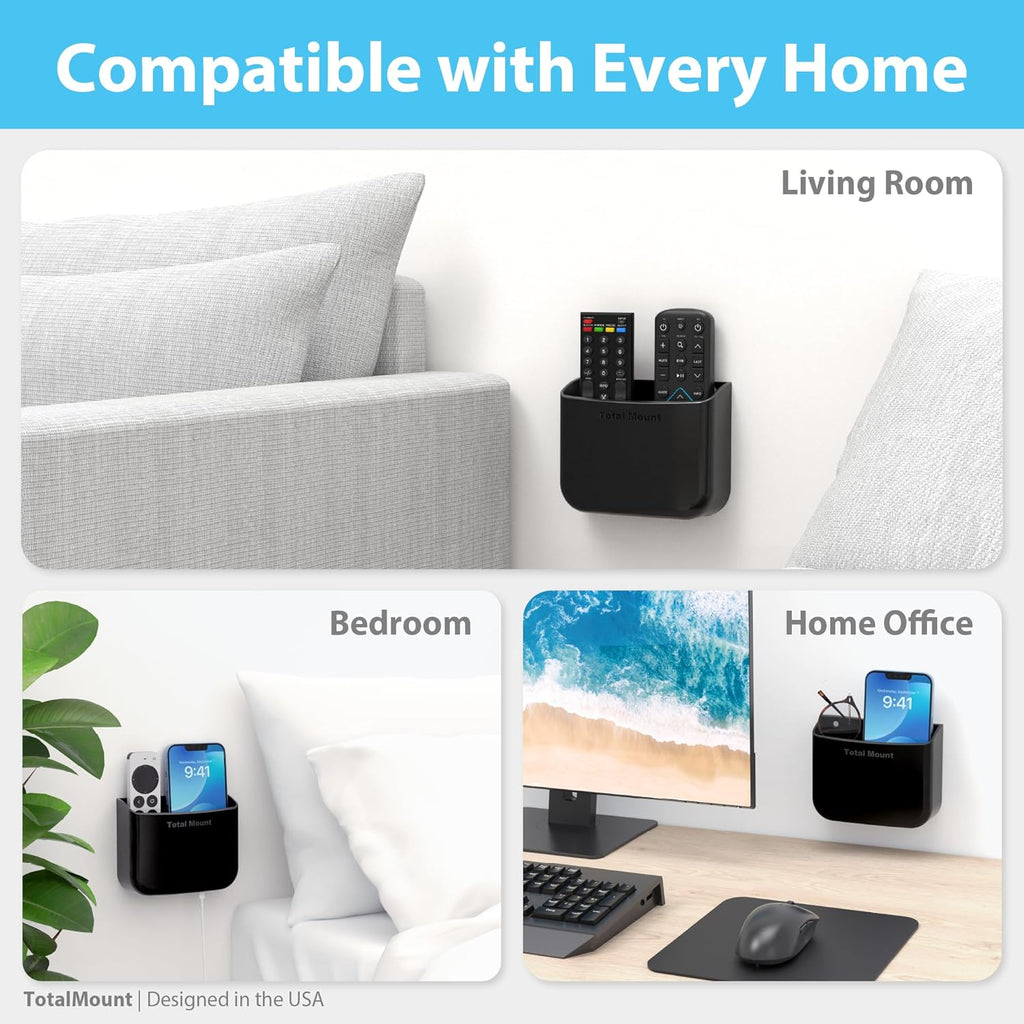 TotalMount Hole-Free Remote Holders – Eliminate Need to Drill Holes in Your Wall (For 2 or 3 Remote Controls – Black – Quantity 2)