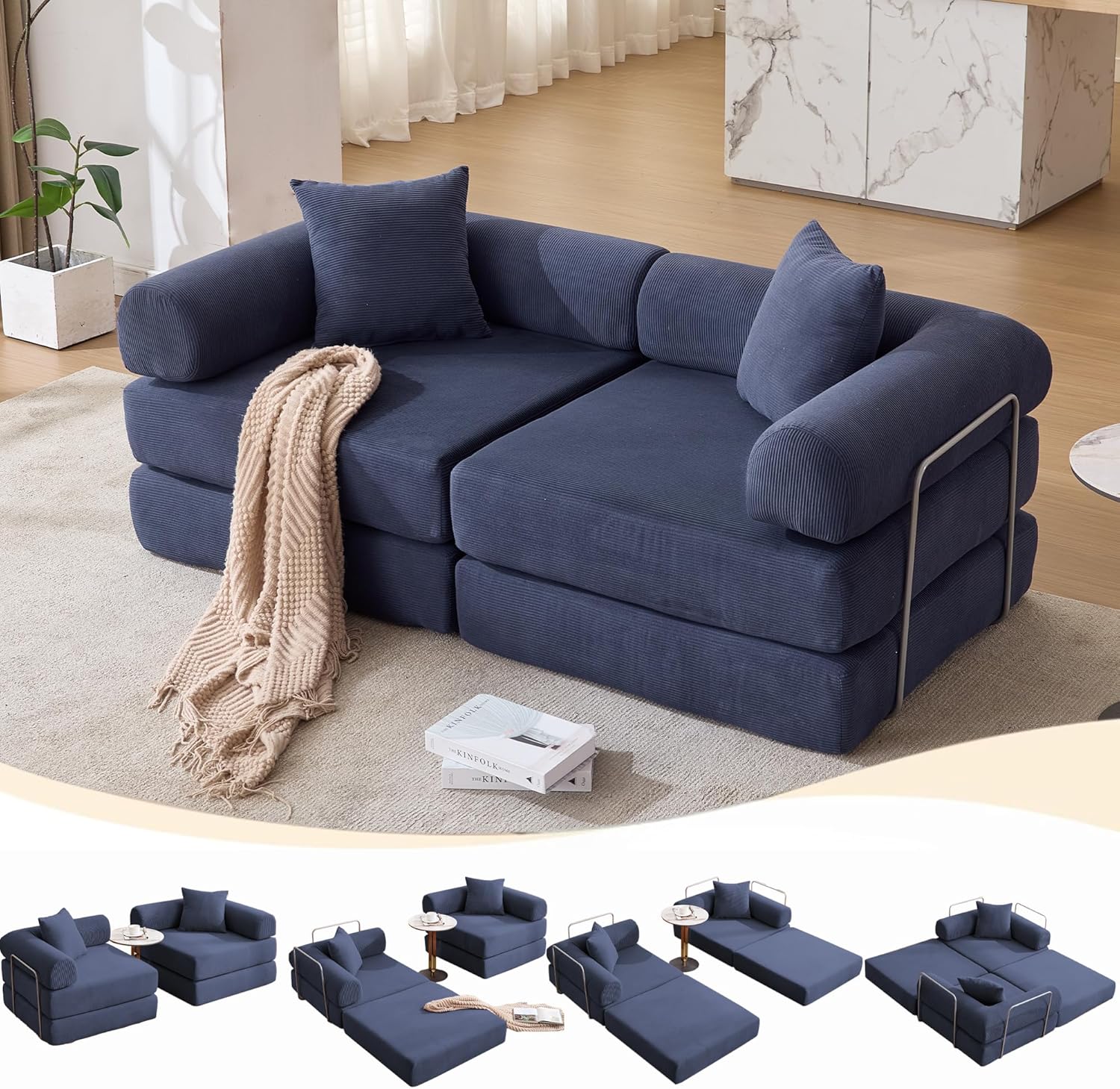 73" Convertible Sleeper Sofa Bed, Corduroy Boneless Couch in a Box, 4-in-1 Folding Mattress Loveseat Couch, Comfy Modular Foldable Floor Sleeper Sofa with 2 Pillows and Fixed-Shape Frame (Green, 73")