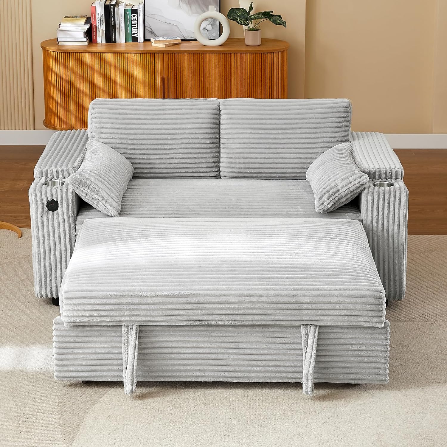 65'' 3-in-1 Folding Convertible Sofa Bed, Queen Size Pullout Sofa, Modern Chenille Fabric, 360° Swivel Side Table, Easy Assembly, Perfect for Living Room