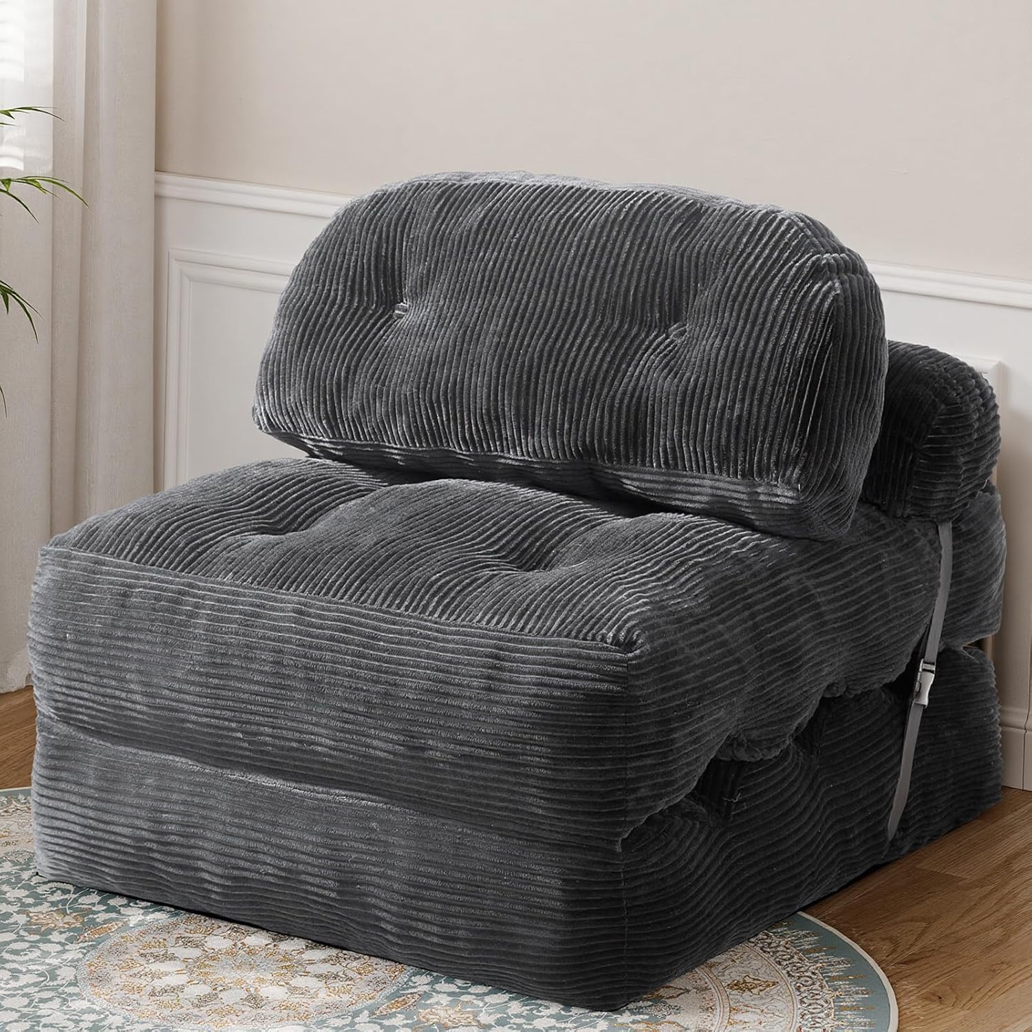 Folding Sofa Bed, Convertible Sleeper Chair with Back Support and Pillow Futon, Foldable Couch for Living Room/Guest Use/Home Office, Foldable Chair Bed for Adults, Dark Gray