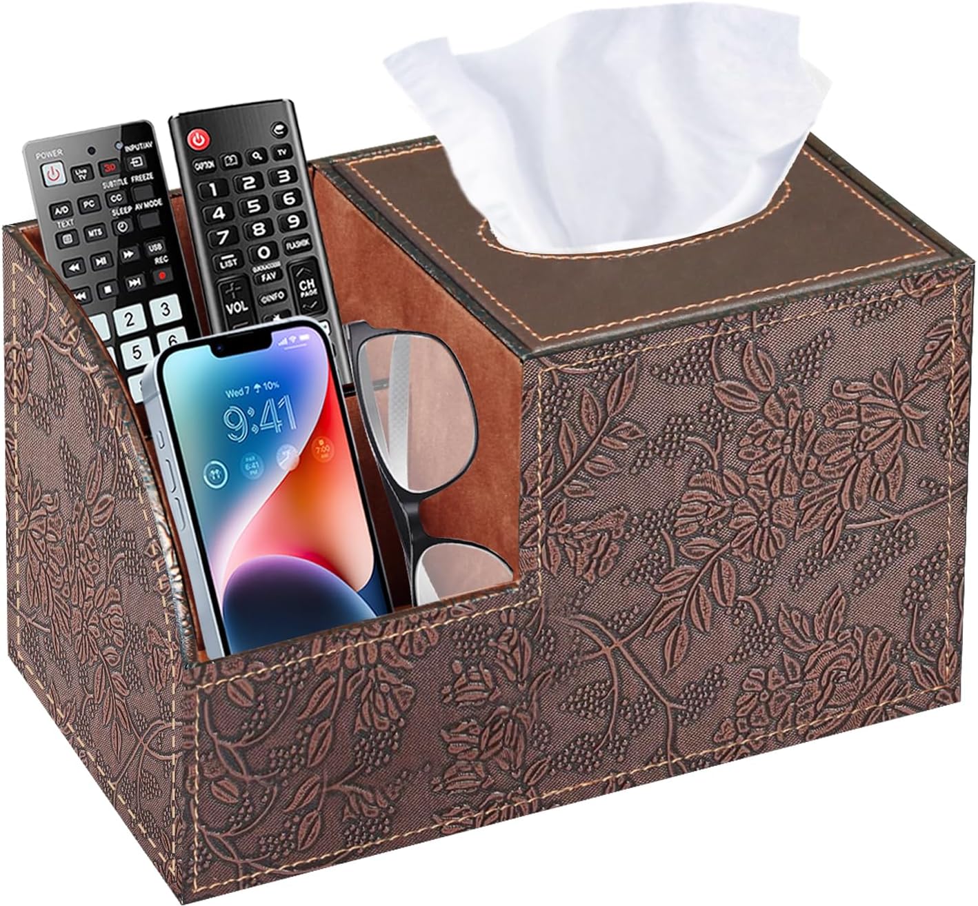 Square Multi-Functional Tissue Box Cover with Storage and Remote Control Holder - Cube Tissue Box Organizer for Bathroom, Nightstand, End Table