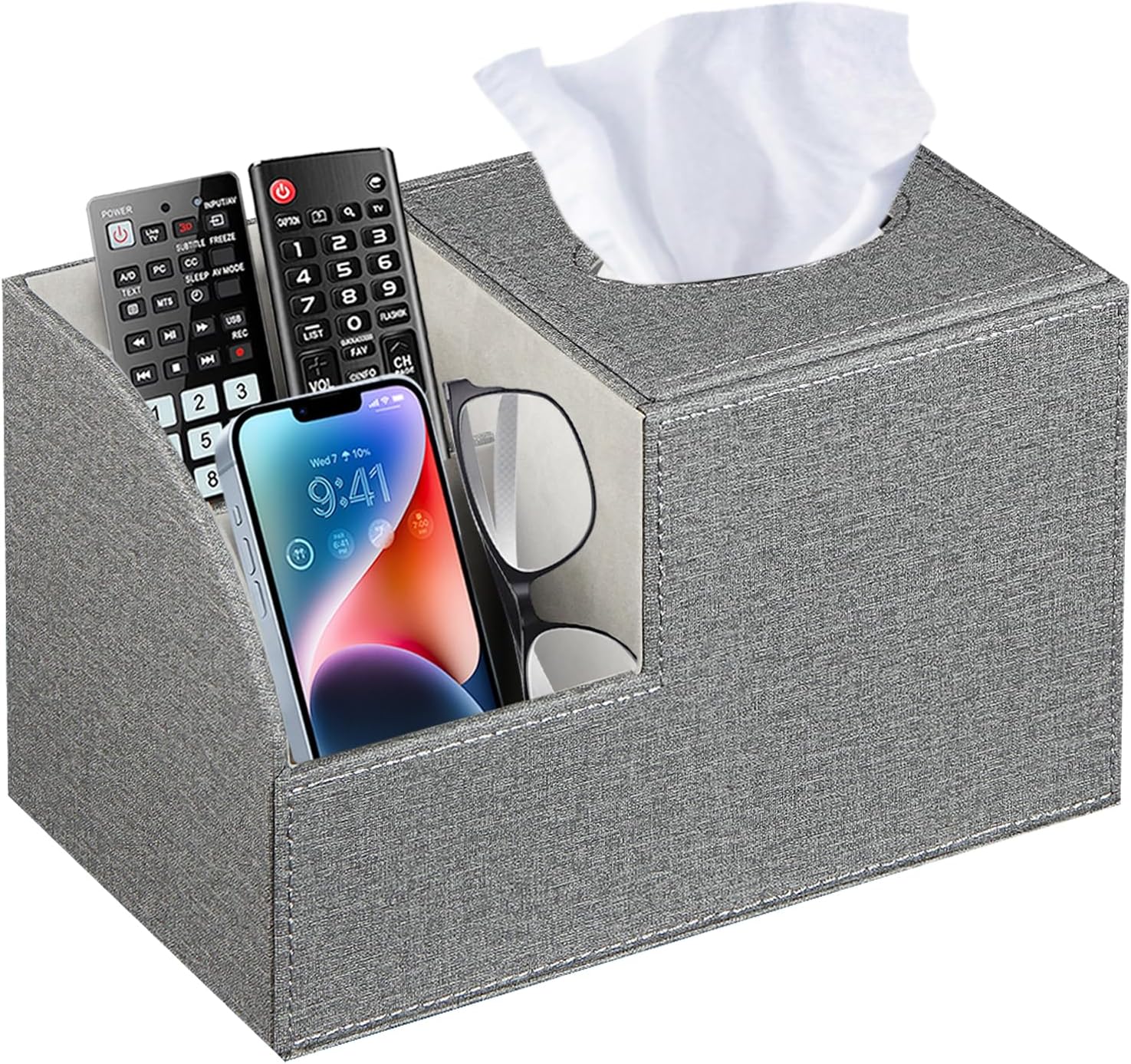 Square Multi-Functional Tissue Box Cover with Storage and Remote Control Holder - Cube Tissue Box Organizer for Bathroom, Nightstand, End Table