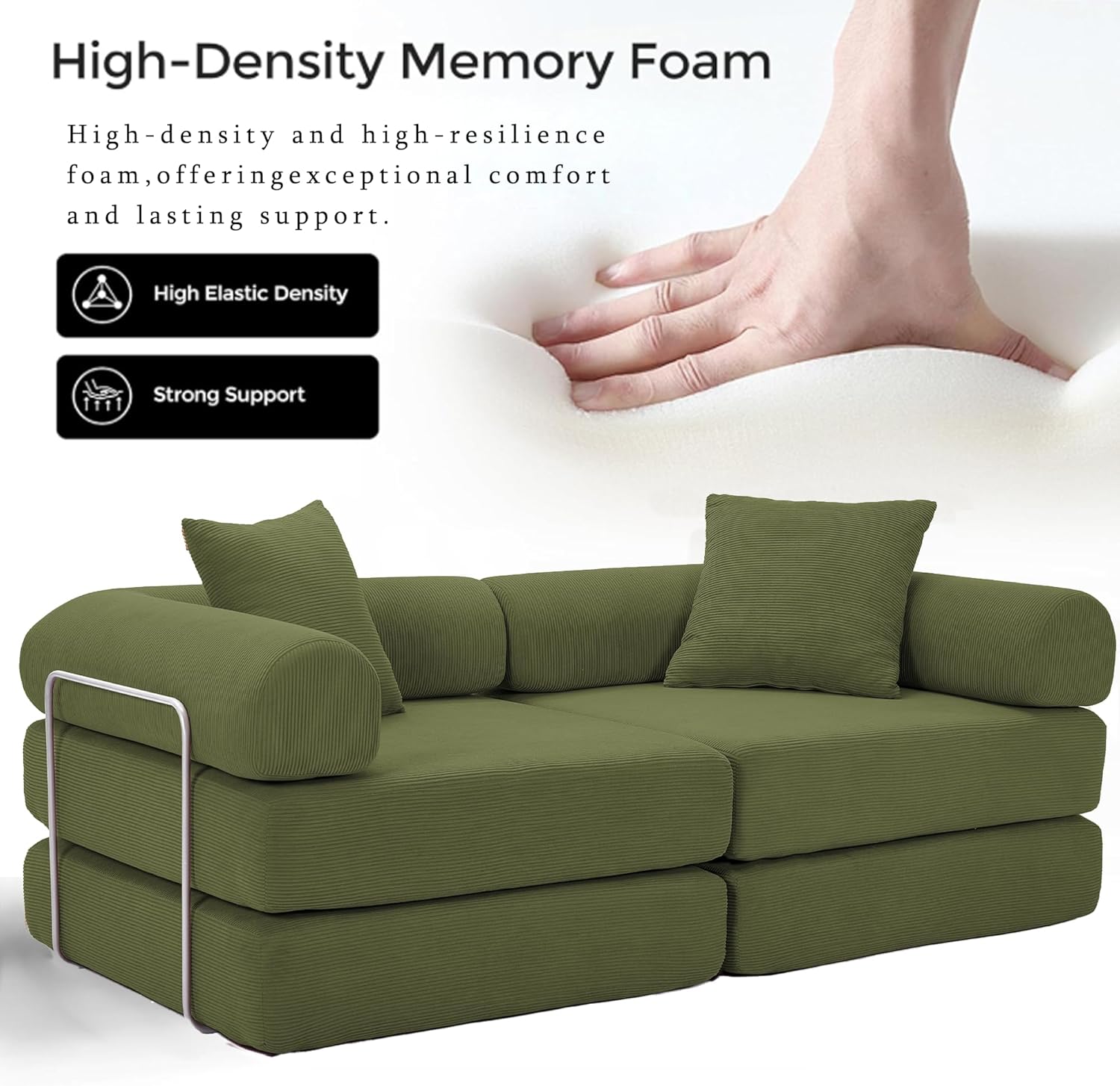 73" Convertible Sleeper Sofa Bed, Corduroy Boneless Couch in a Box, 4-in-1 Folding Mattress Loveseat Couch, Comfy Modular Foldable Floor Sleeper Sofa with 2 Pillows and Fixed-Shape Frame (Green, 73")
