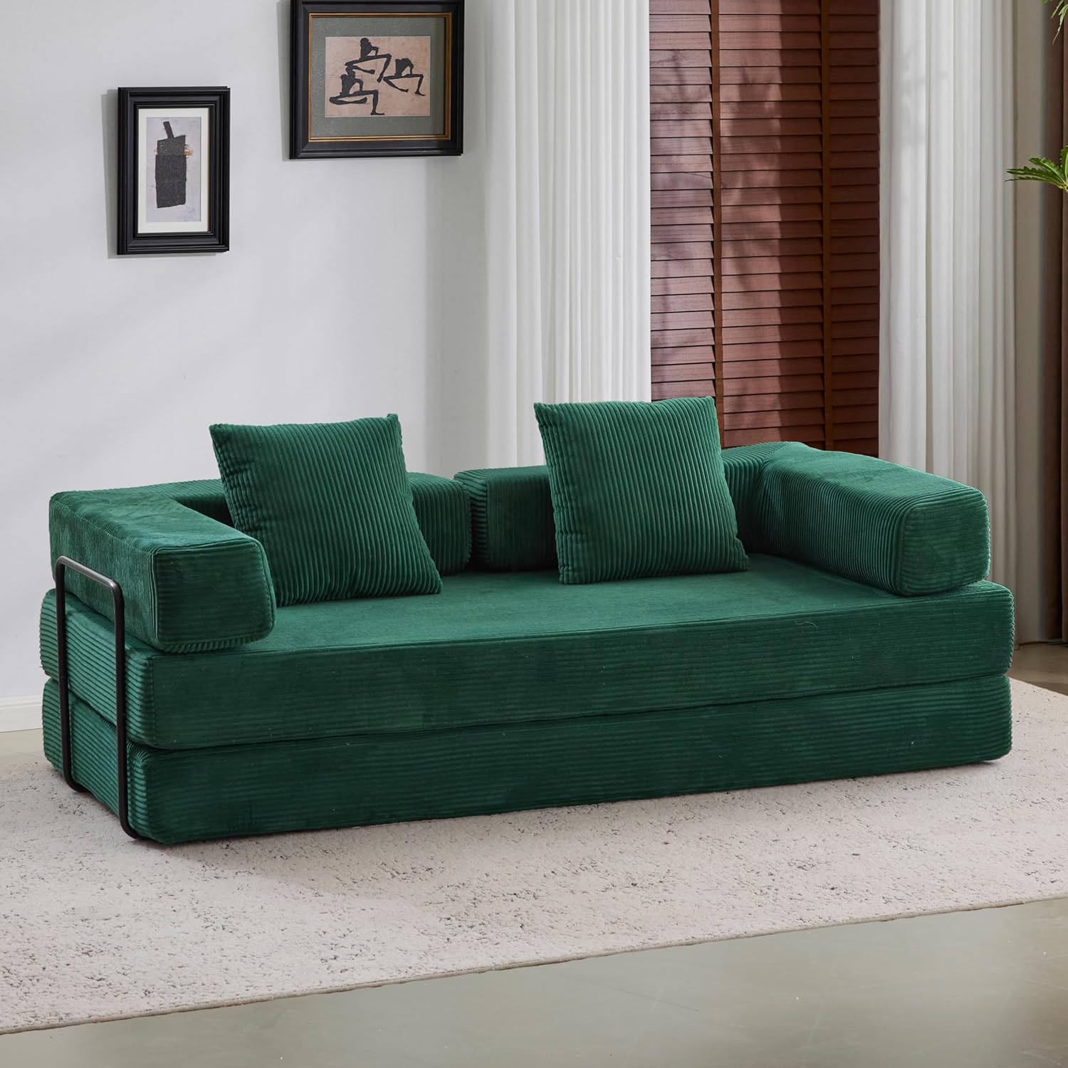 Convertible Couch Sofa Bed Foldable Floor Sleeper | Modern Deep Seat Fold Out Couch | Removable Backrest & Armrests | No Assembly Compression Sofa Sleeper for Living Room, Bedroom | Corduroy Green