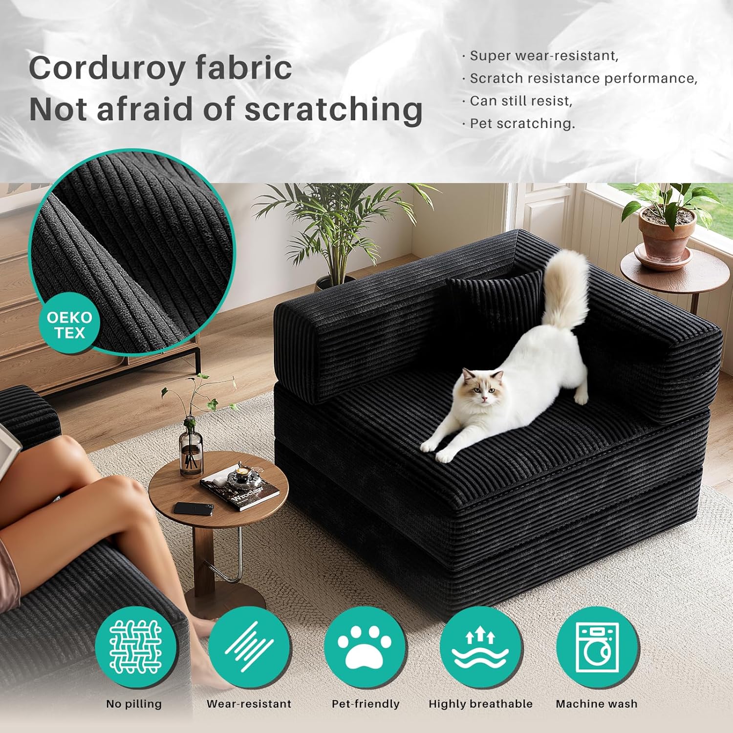 78" Convertible Sofa Bed, Modular Corduroy Floor Sleeper Sofa with Fixed-Shape Frame and 2 Pillows, Love Seat Folding Mattress Couch for Living Room Small Spaces - No Assembly, Black