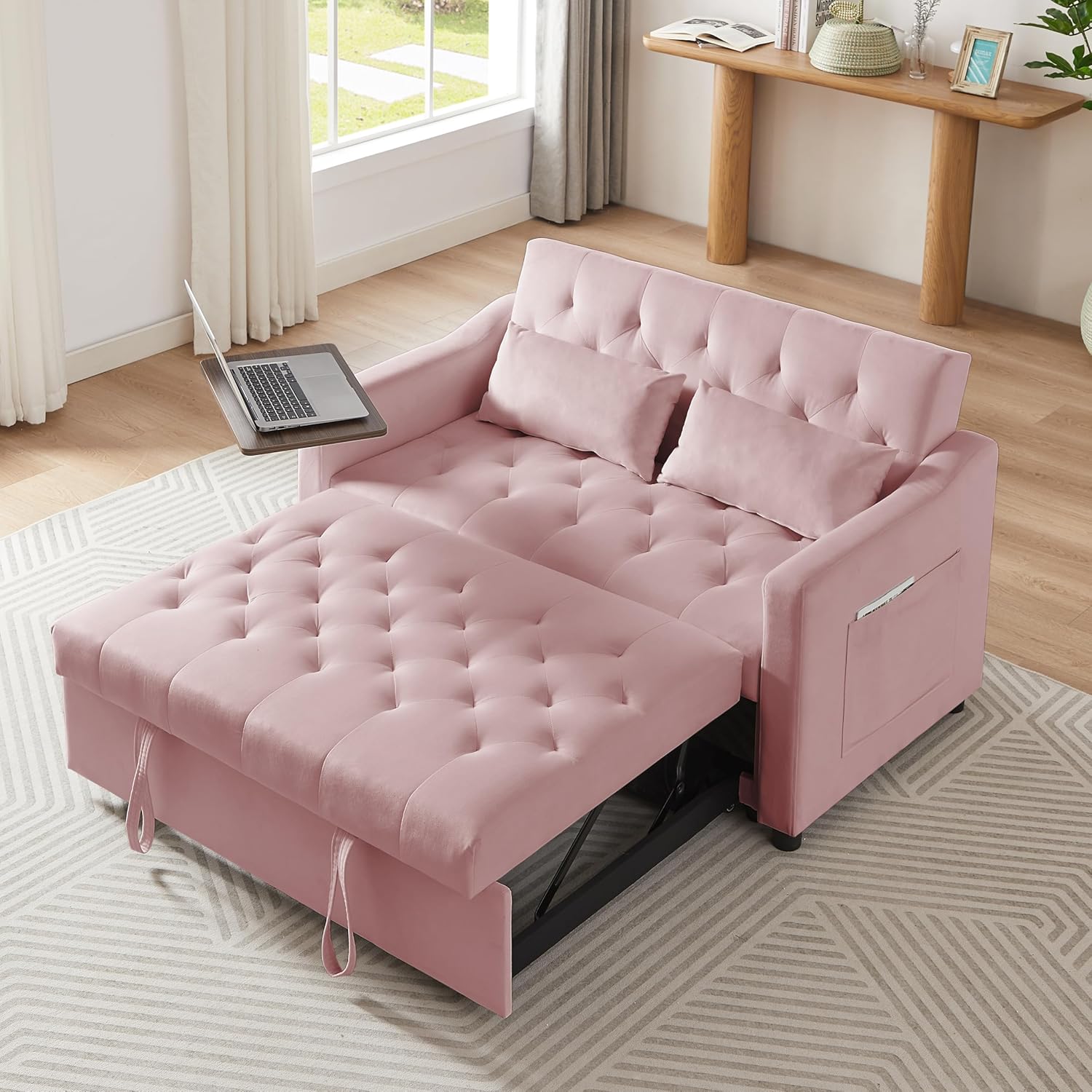 65'' 3-in-1 Folding Convertible Sofa Bed, Queen Size Pullout Sofa, Modern Chenille Fabric, 360° Swivel Side Table, Easy Assembly, Perfect for Living Room