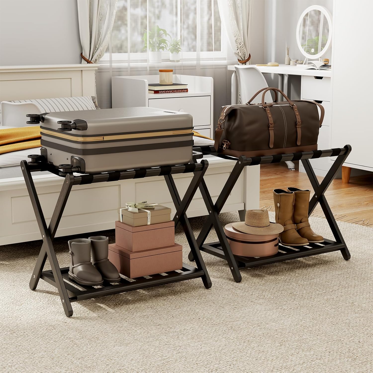 Fully Assembled Walnut Luggage Racks Set of 2, Bamboo Luggage Rack Stand for Guest Room, 5 Nylon Straps, 26.77" Folding Suitcase Stand with Storage Shelf for Bedroom Hotel, Holds up to 165 Lbs