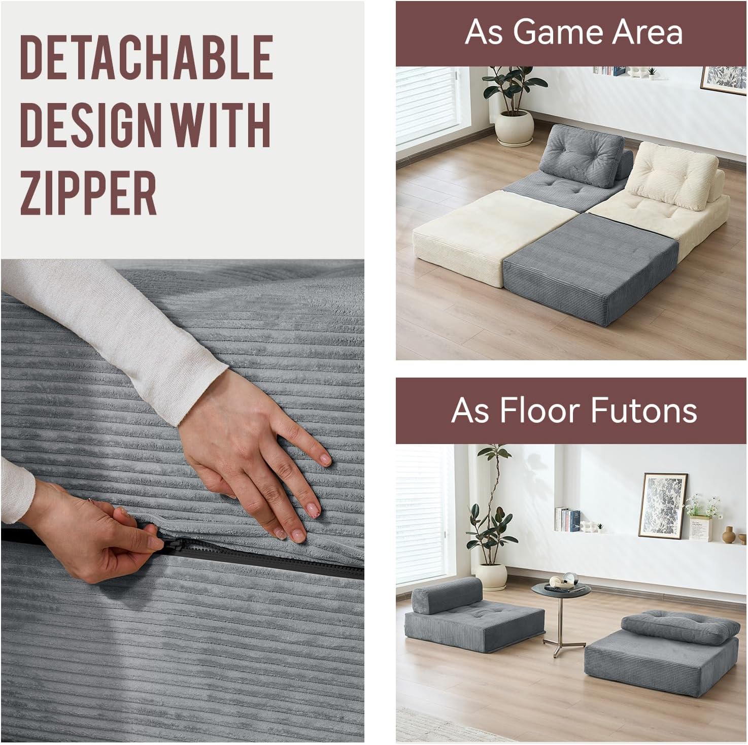 Folding Sofa Bed, 3-in-1 Convertible Sleeper Chair Corduroy High-Density Foam Futon Floor Couch Fold Out Chair Bed Sleeper for Adults Living Room Bedroom, Gray