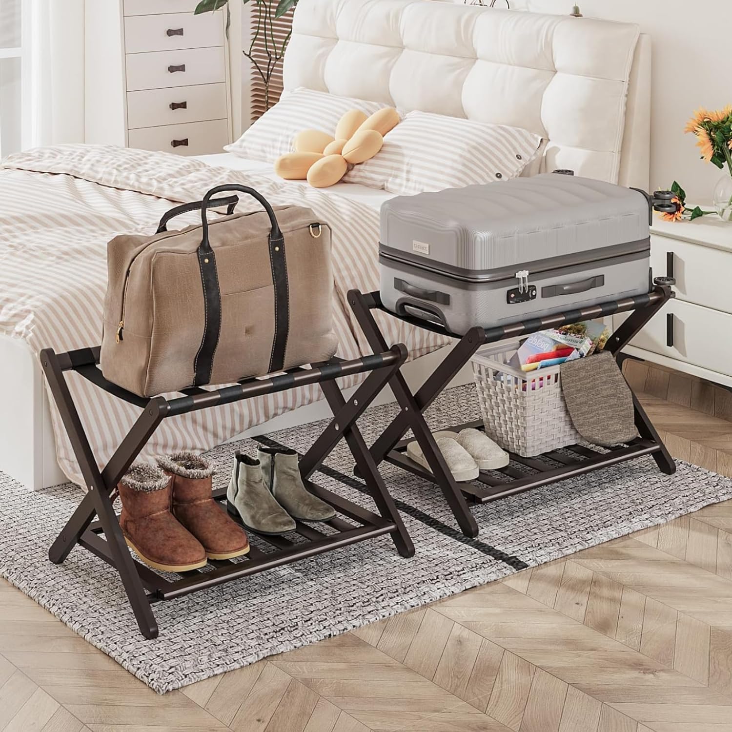 Fully Assembled Walnut Bamboo Luggage Rack with Shoe Shelf, Folding Suitcase Stand with 5 Heavy-Duty Straps, Large Wooden Luggage Holders for Guest Room, Ideal for Bedroom, Hotel