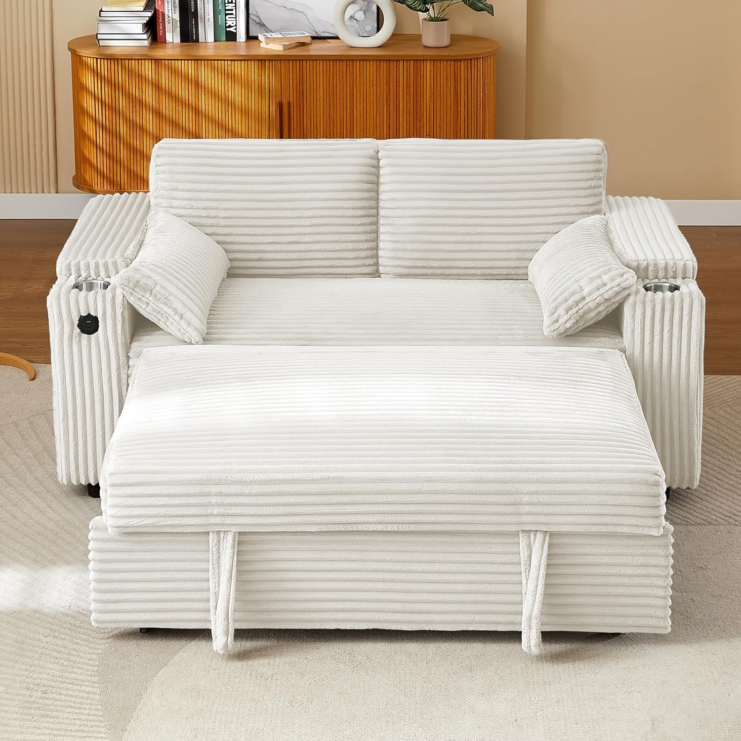 65'' 3-in-1 Folding Convertible Sofa Bed, Queen Size Pullout Sofa, Modern Chenille Fabric, 360° Swivel Side Table, Easy Assembly, Perfect for Living Room