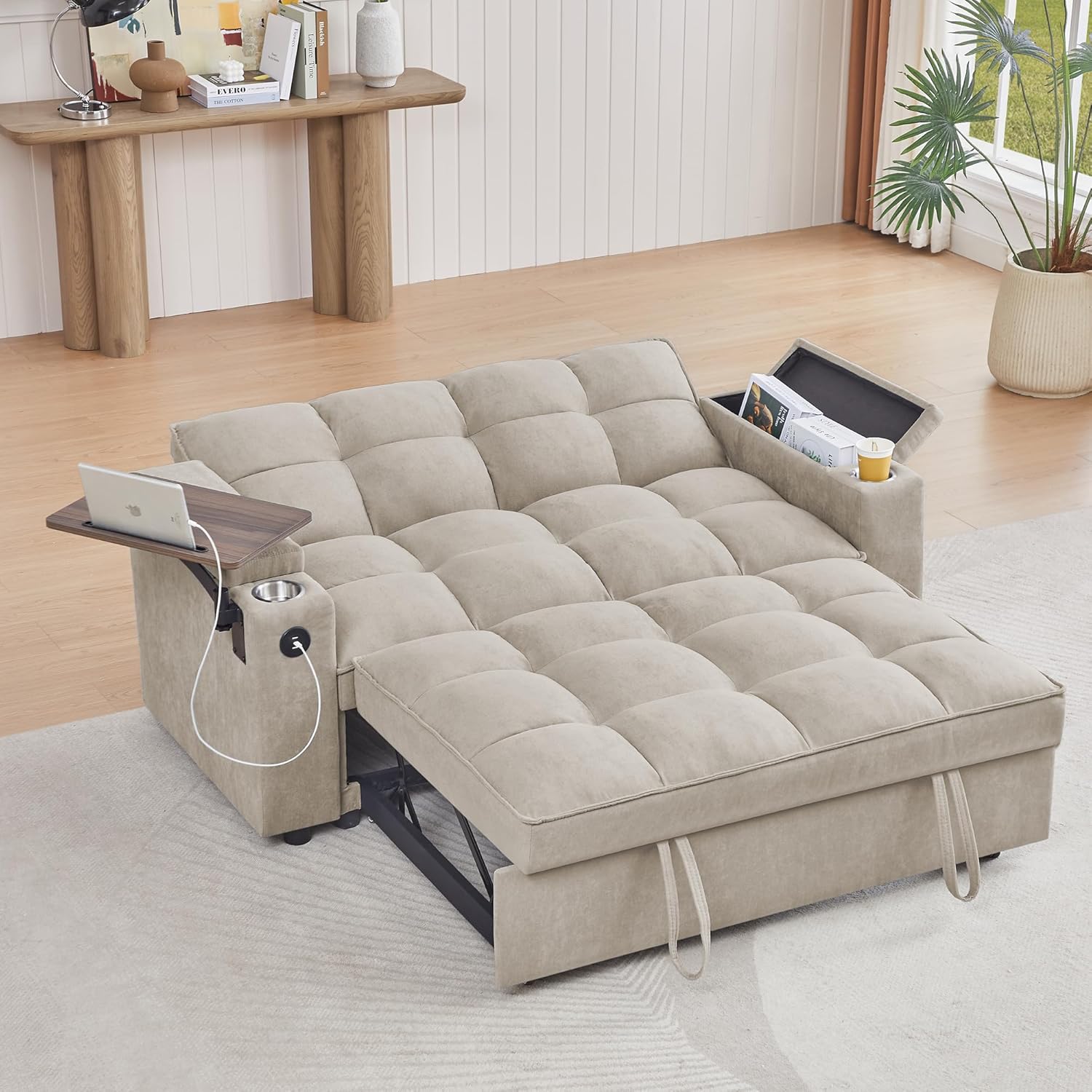 65'' 3-in-1 Folding Convertible Sofa Bed, Queen Size Pullout Sofa, Modern Chenille Fabric, 360° Swivel Side Table, Easy Assembly, Perfect for Living Room