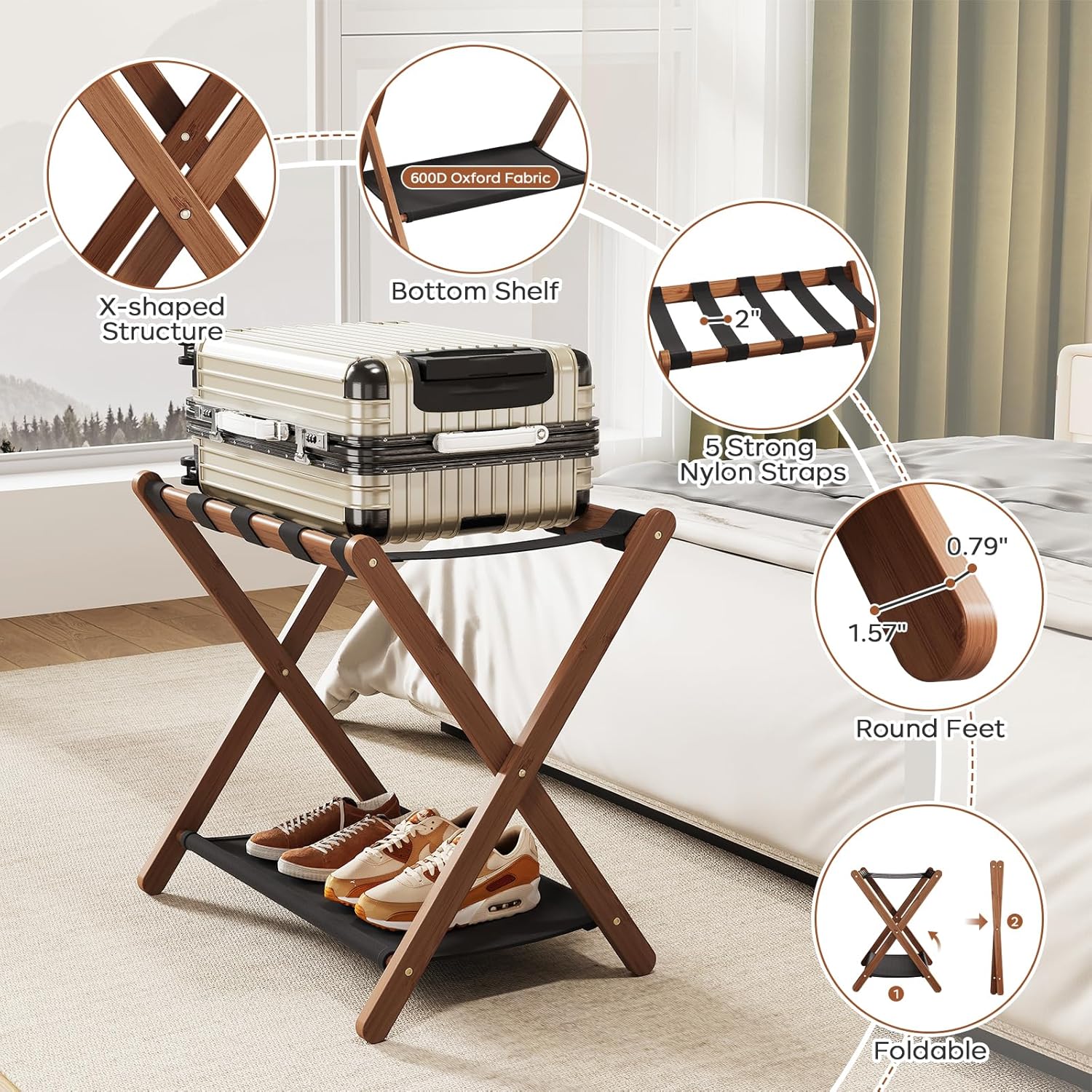 Fully Assembled Walnut Luggage Racks Set of 2, Bamboo 26.77" Luggage Rack Stand for Guest Room, 5 Nylon Straps, Foldable Suitcase Stand with Storage Shelf for Bedroom Hotel, Holds up to 165 Lbs