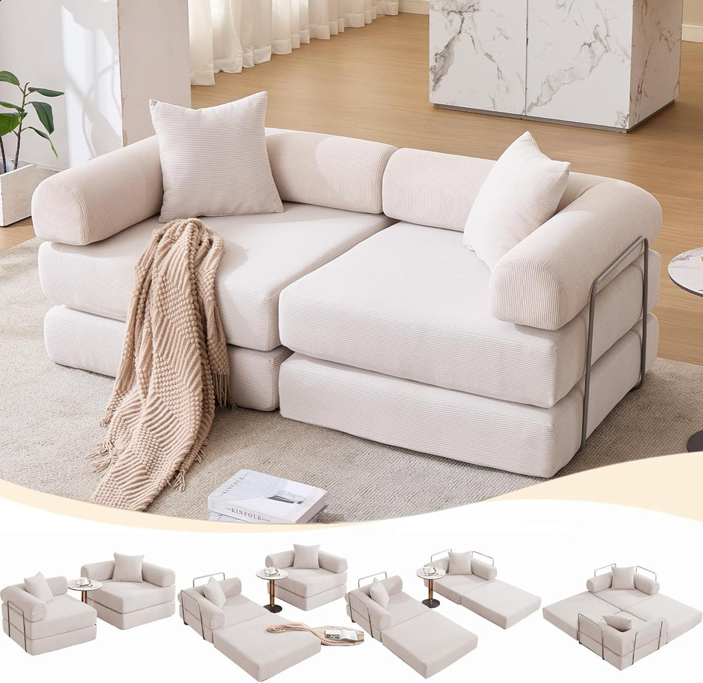 73" Convertible Sleeper Sofa Bed, Corduroy Boneless Couch in a Box, 4-in-1 Folding Mattress Loveseat Couch, Comfy Modular Foldable Floor Sleeper Sofa with 2 Pillows and Fixed-Shape Frame (Green, 73")