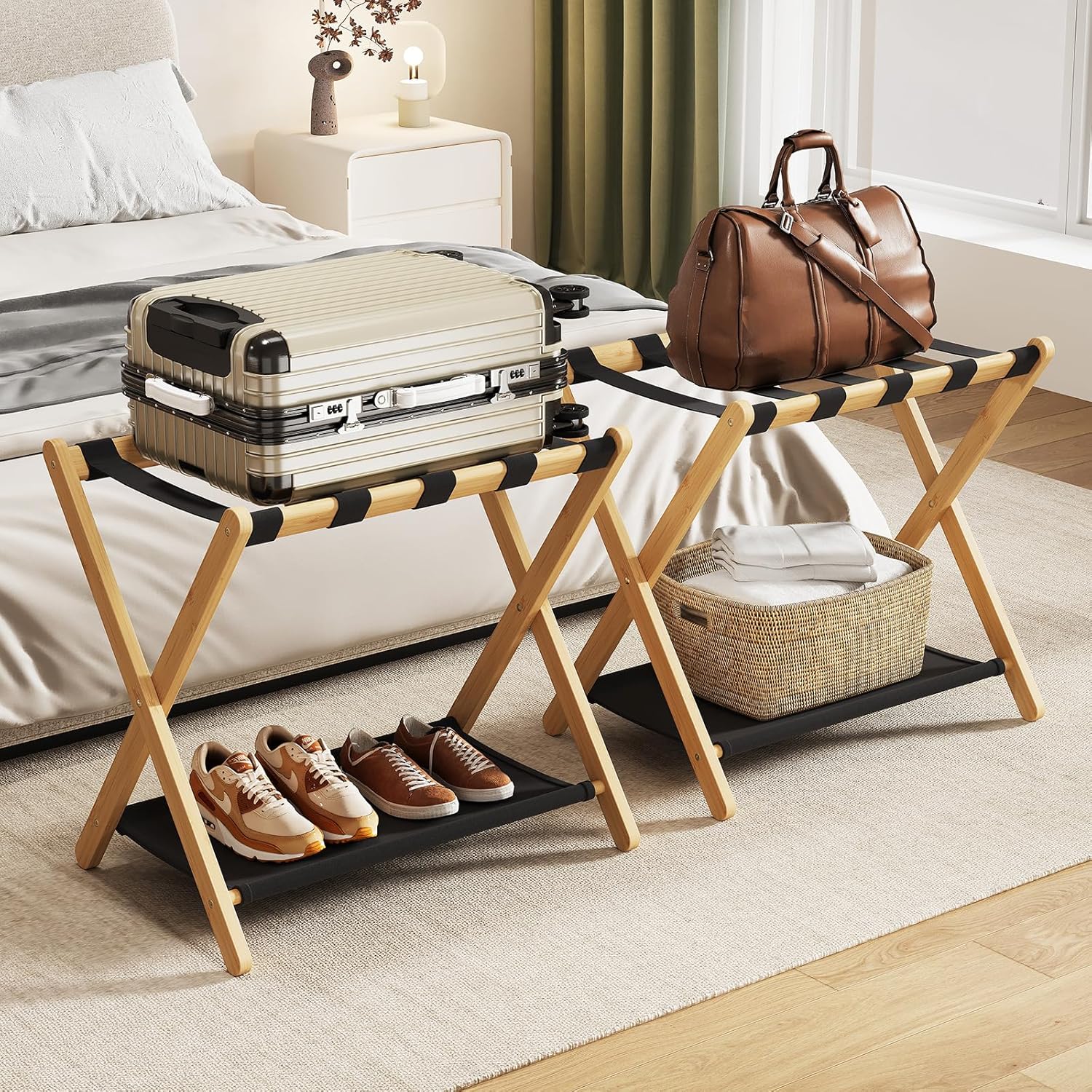 Fully Assembled Walnut Luggage Racks Set of 2, Bamboo 26.77" Luggage Rack Stand for Guest Room, 5 Nylon Straps, Foldable Suitcase Stand with Storage Shelf for Bedroom Hotel, Holds up to 165 Lbs