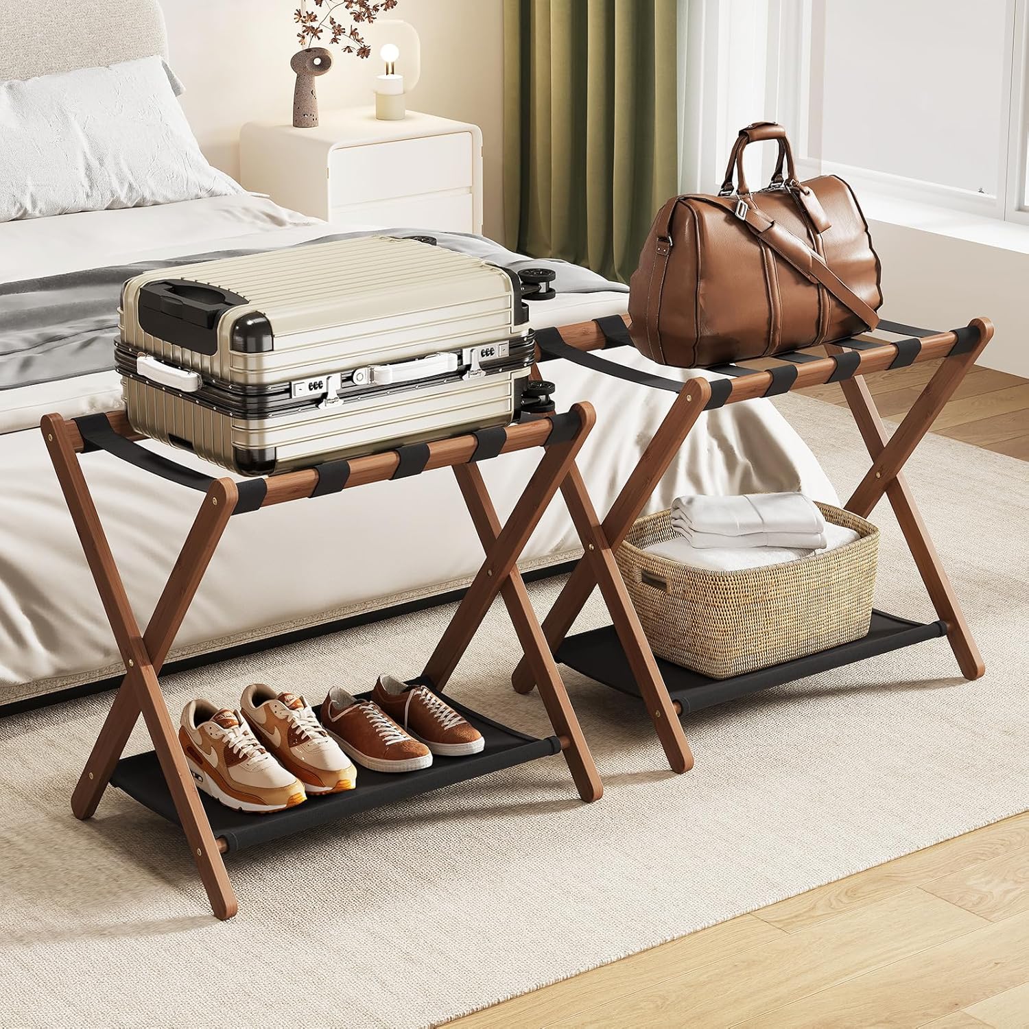 Fully Assembled Walnut Luggage Racks Set of 2, Bamboo 26.77" Luggage Rack Stand for Guest Room, 5 Nylon Straps, Foldable Suitcase Stand with Storage Shelf for Bedroom Hotel, Holds up to 165 Lbs