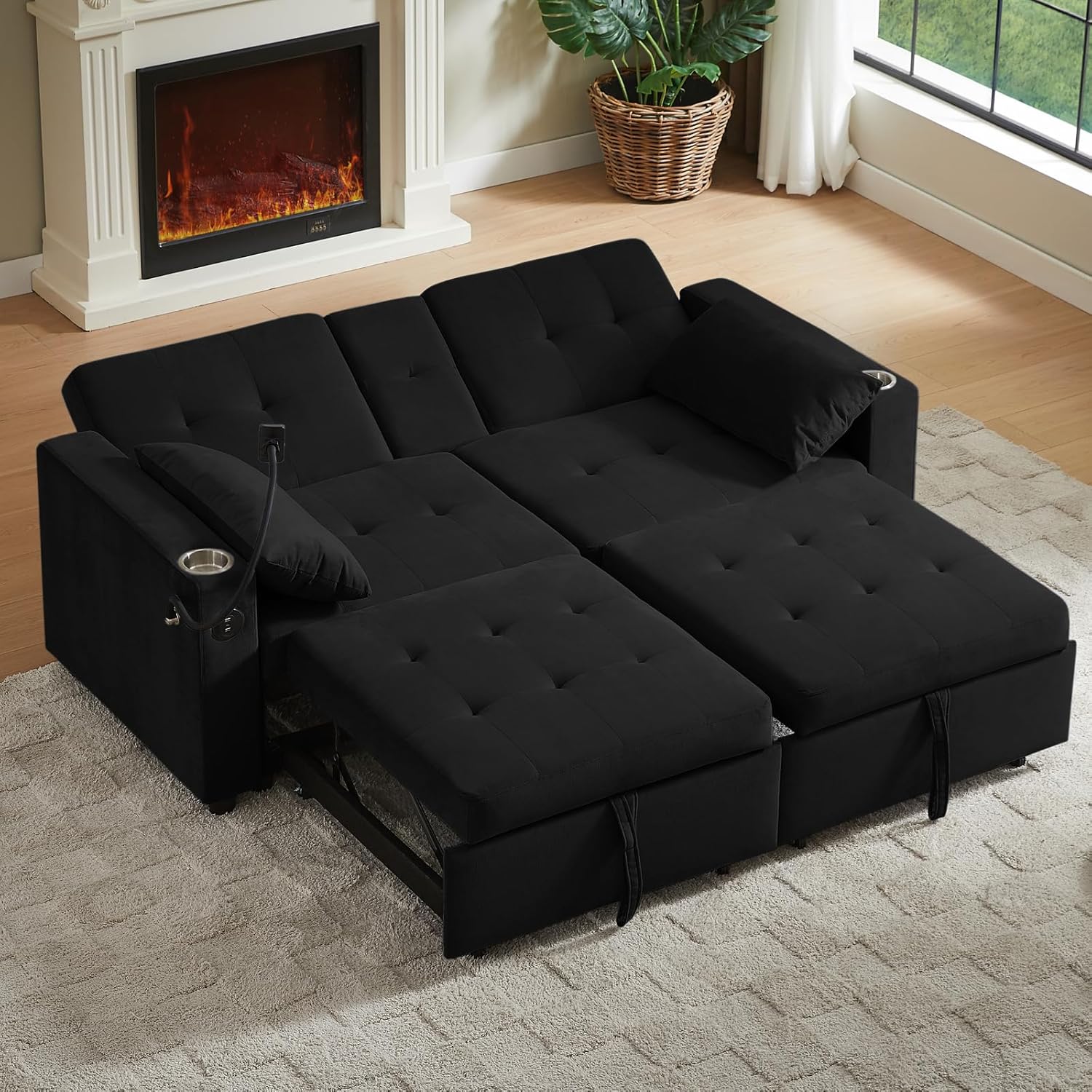 65'' 3-in-1 Folding Convertible Sofa Bed, Queen Size Pullout Sofa, Modern Chenille Fabric, 360° Swivel Side Table, Easy Assembly, Perfect for Living Room