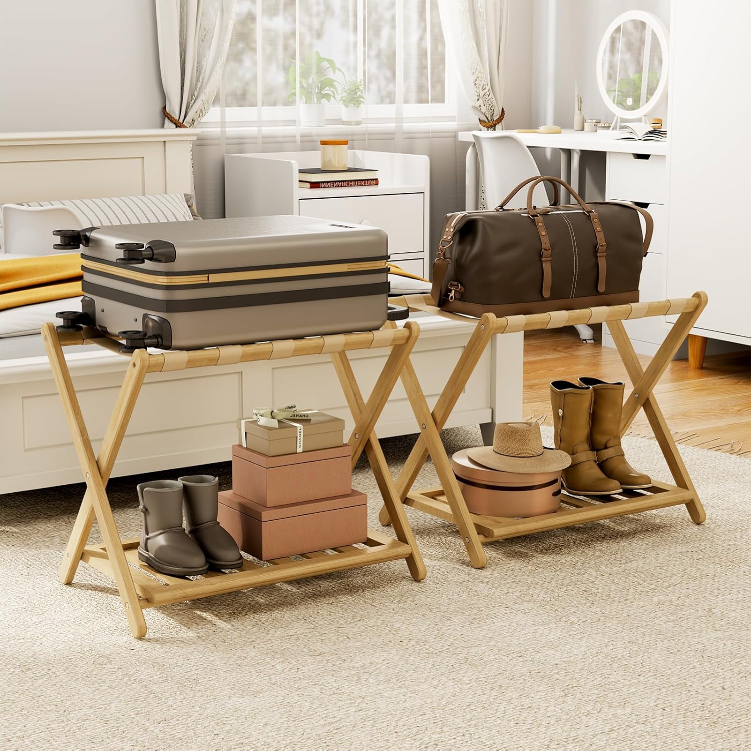 Fully Assembled Walnut Luggage Racks Set of 2, Bamboo Luggage Rack Stand for Guest Room, 5 Nylon Straps, 26.77" Folding Suitcase Stand with Storage Shelf for Bedroom Hotel, Holds up to 165 Lbs