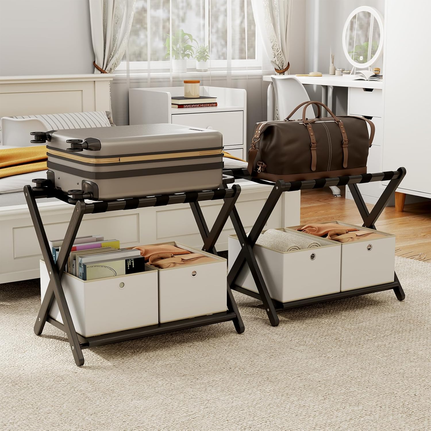 Fully Assembled Walnut Luggage Racks Set of 2, Bamboo Luggage Rack Stand for Guest Room, 5 Nylon Straps, 26.77" Folding Suitcase Stand with Storage Shelf for Bedroom Hotel, Holds up to 165 Lbs