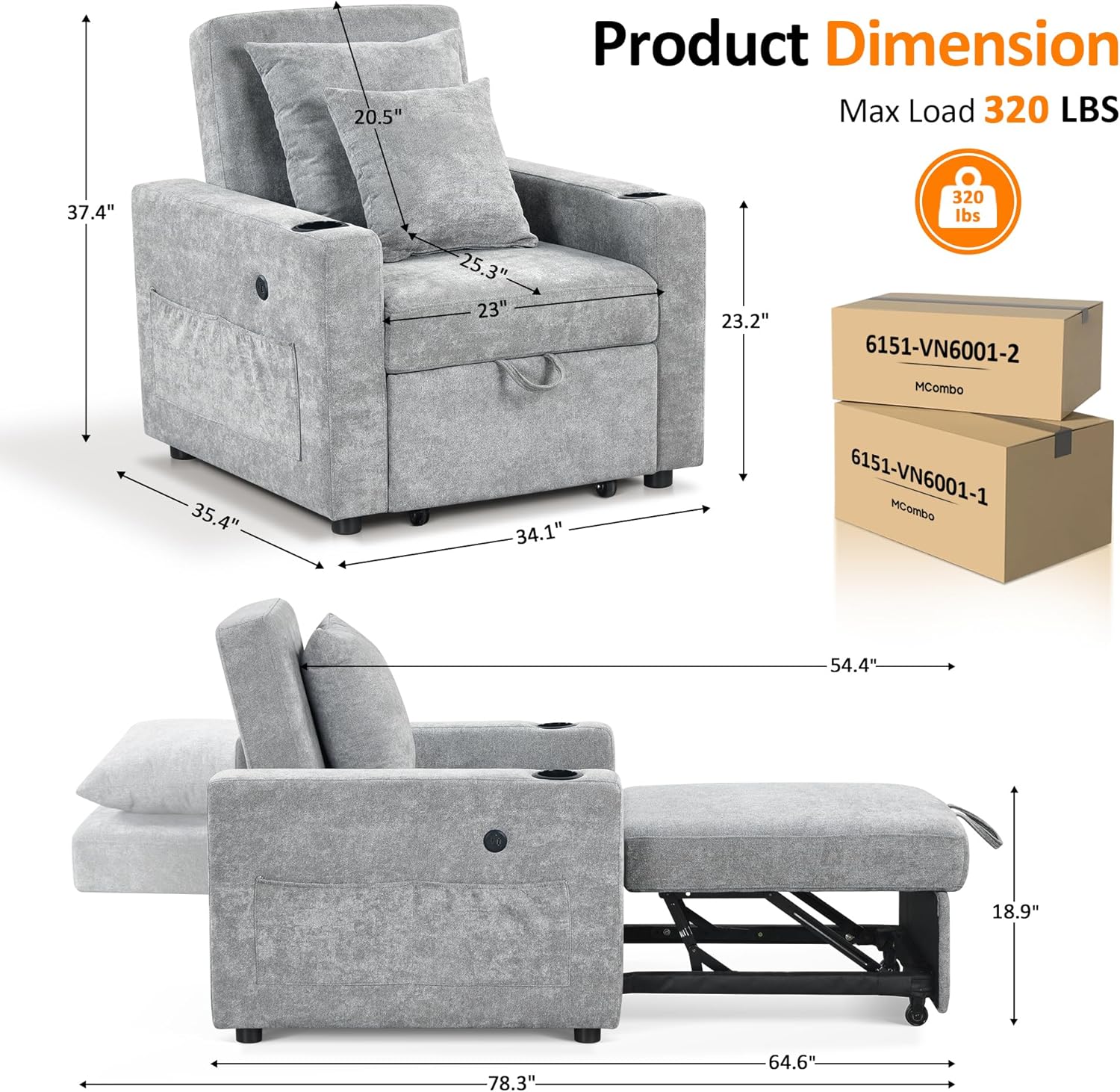 MCombo Convertible Sleeper Chair Bed, 3-in-1 Folding Sofa Chair with Adjustable Backrest, Pull-Out Bed with USB Port, Cup Holders, Linen Fabric, for Small Spaces Living Room Guest Room Office VN6001