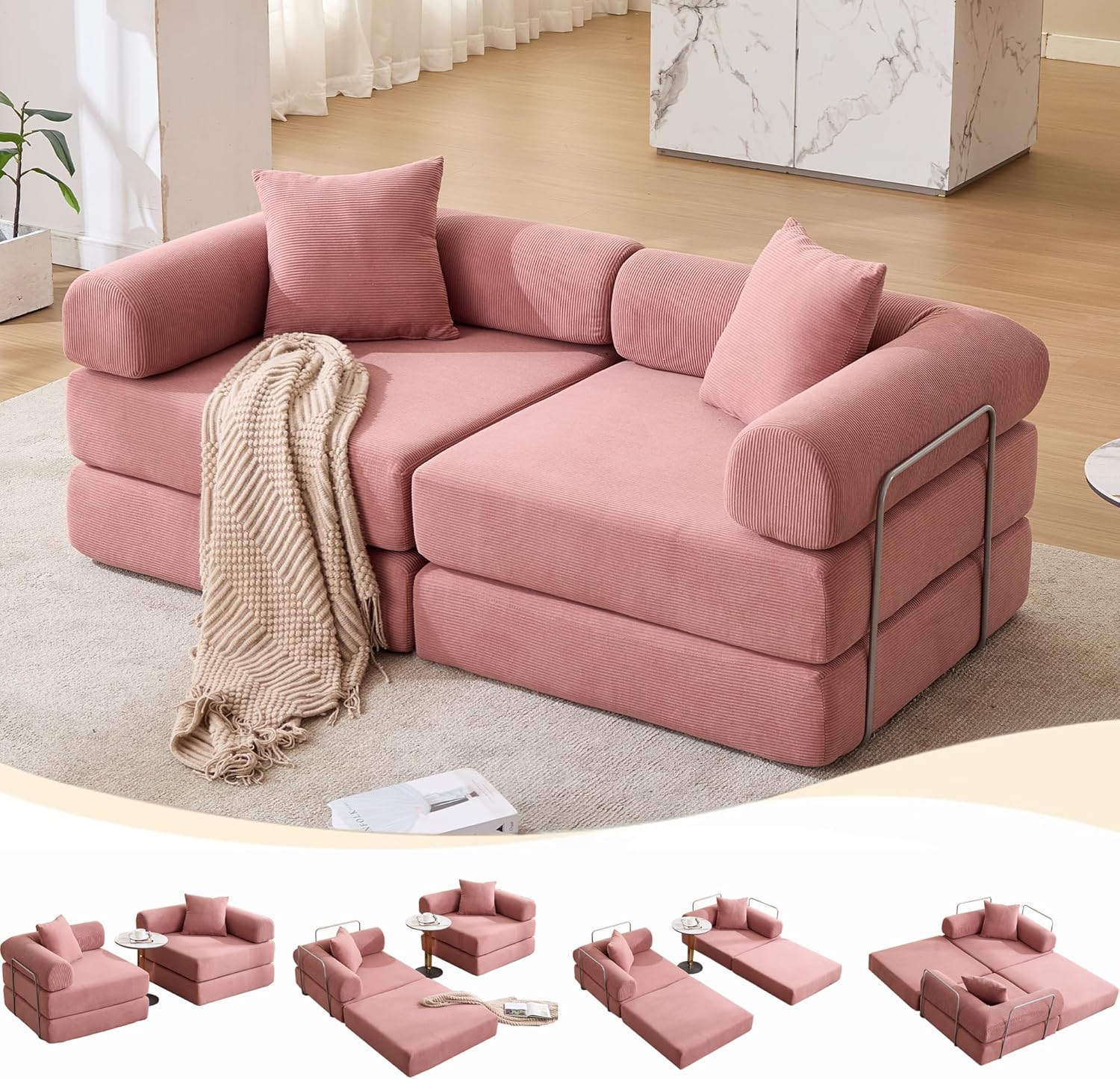 73" Convertible Sleeper Sofa Bed, Corduroy Boneless Couch in a Box, 4-in-1 Folding Mattress Loveseat Couch, Comfy Modular Foldable Floor Sleeper Sofa with 2 Pillows and Fixed-Shape Frame (Green, 73")