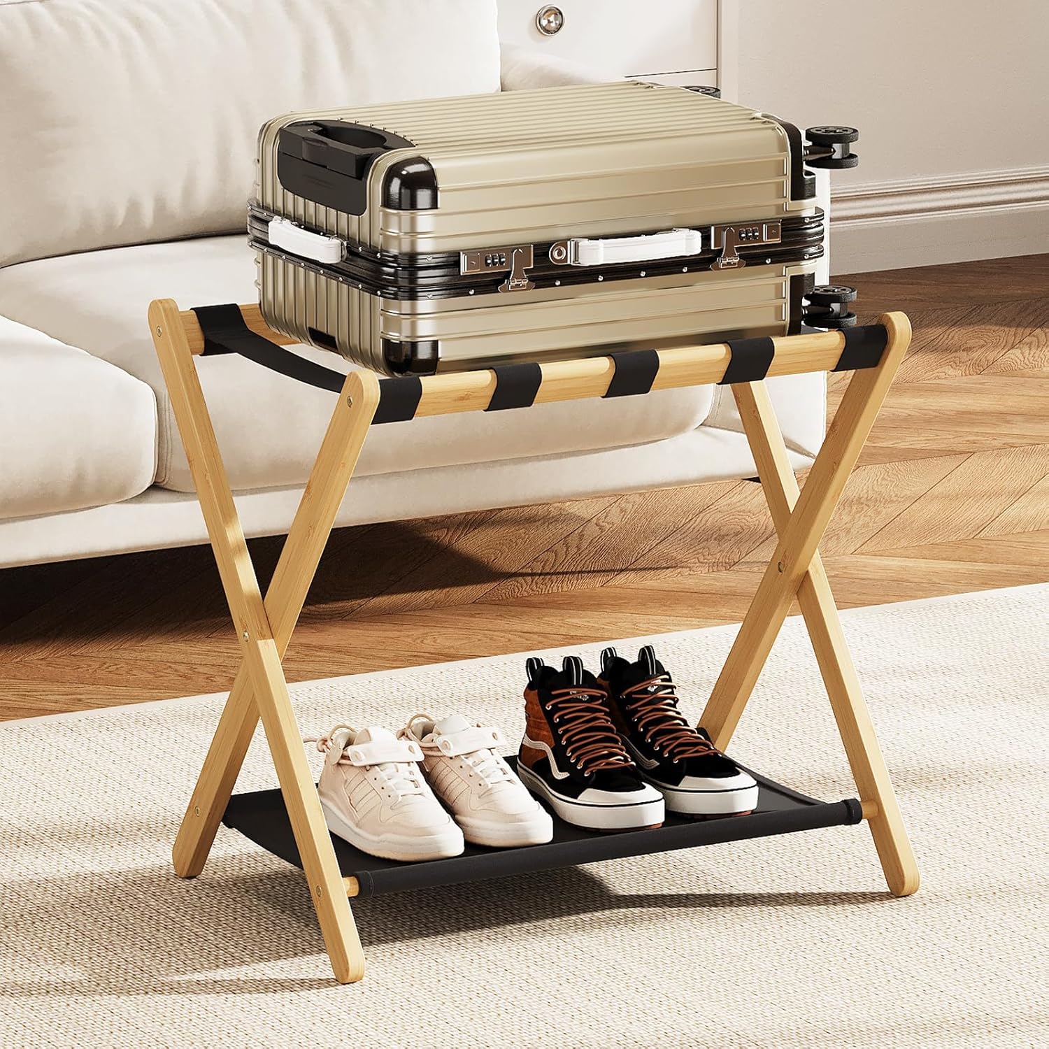 Fully Assembled Walnut Luggage Racks Set of 2, Bamboo 26.77" Luggage Rack Stand for Guest Room, 5 Nylon Straps, Foldable Suitcase Stand with Storage Shelf for Bedroom Hotel, Holds up to 165 Lbs