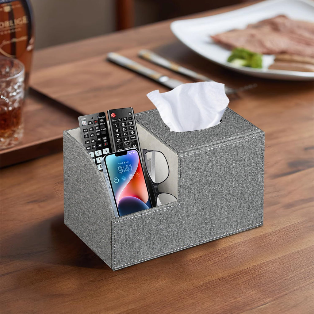 Square Multi-Functional Tissue Box Cover with Storage and Remote Control Holder - Cube Tissue Box Organizer for Bathroom, Nightstand, End Table