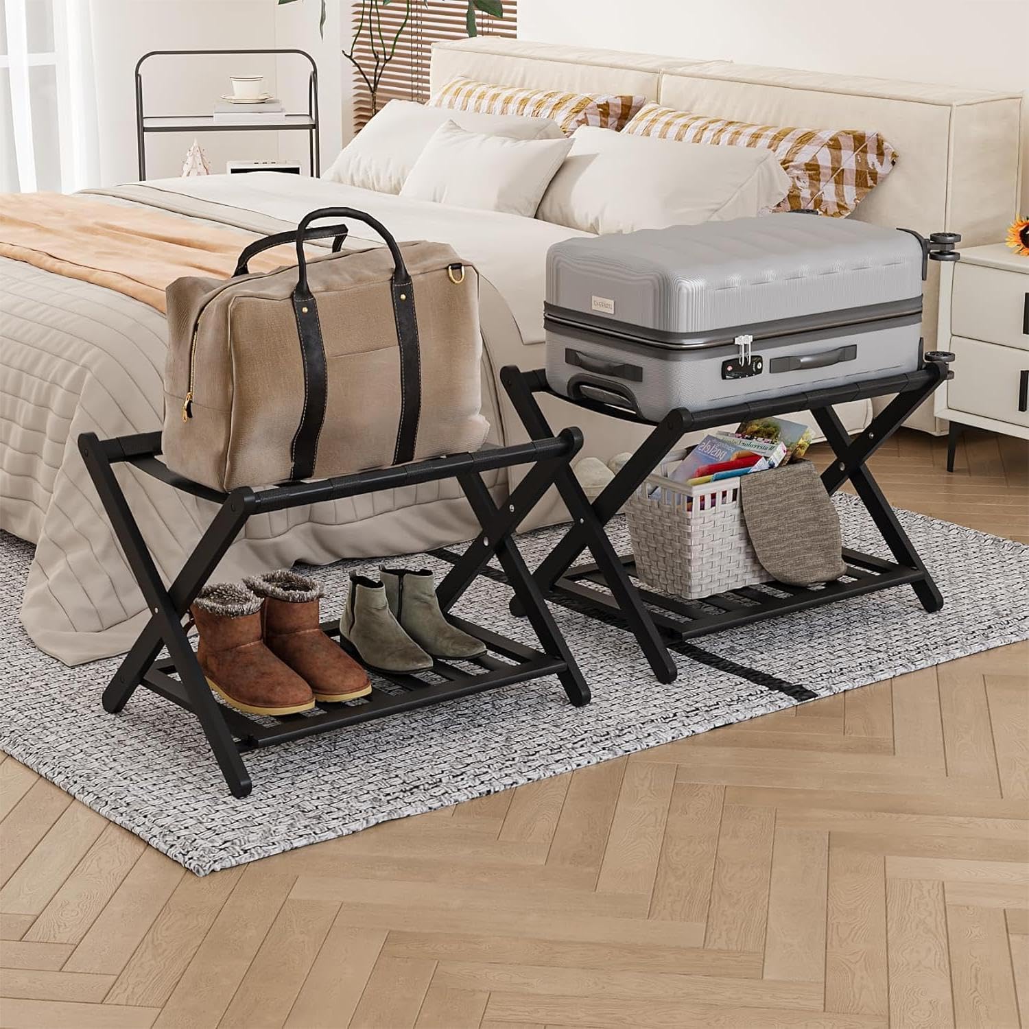 Fully Assembled Walnut Bamboo Luggage Rack with Shoe Shelf, Folding Suitcase Stand with 5 Heavy-Duty Straps, Large Wooden Luggage Holders for Guest Room, Ideal for Bedroom, Hotel