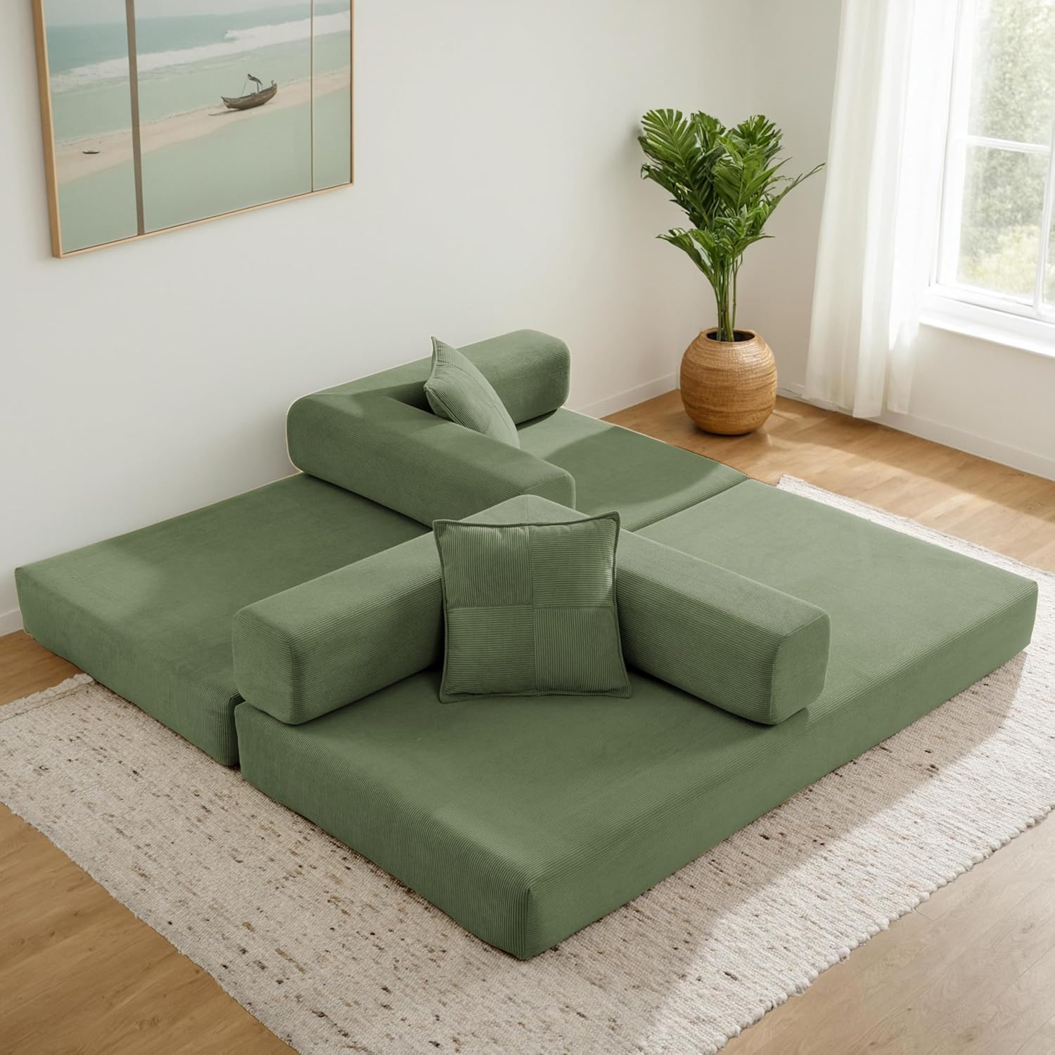 Convertible Couch Sofa Bed Foldable Floor Sleeper | Modern Deep Seat Fold Out Couch | Removable Backrest & Armrests | No Assembly Compression Sofa Sleeper for Living Room, Bedroom | Corduroy Green