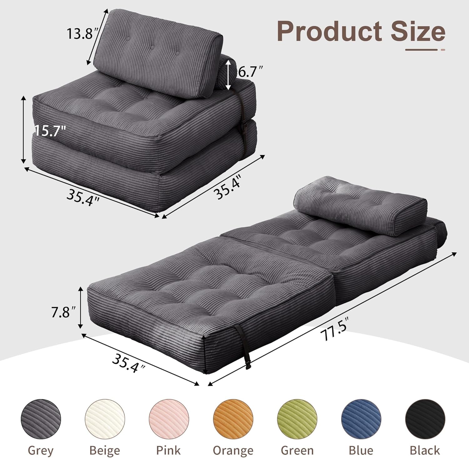 Folding Sofa Bed, Convertible Sleeper Chair with Back Support & Pillow, Foldable Floor Couch with High-Density Foam, Futon Mattress for Living Room/Bedroom/Apartment/Guest, Single, Dark Grey