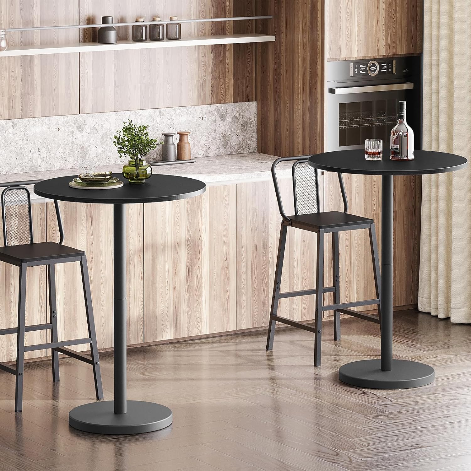 Bar Table, Round Bar Table Set of 2, Counter Height Table, Pub Cocktail Table, Metal Frame, for Bistro, Dining Room, Living Room, Terrace, Black BT05L2BB