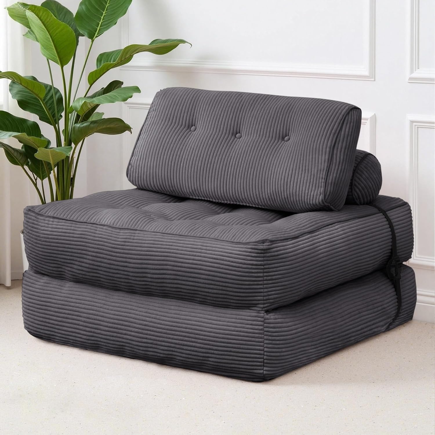 Folding Sofa Bed, Convertible Sleeper Chair with Back Support & Pillow, Foldable Floor Couch with High-Density Foam, Futon Mattress for Living Room/Bedroom/Apartment/Guest, Single, Dark Grey