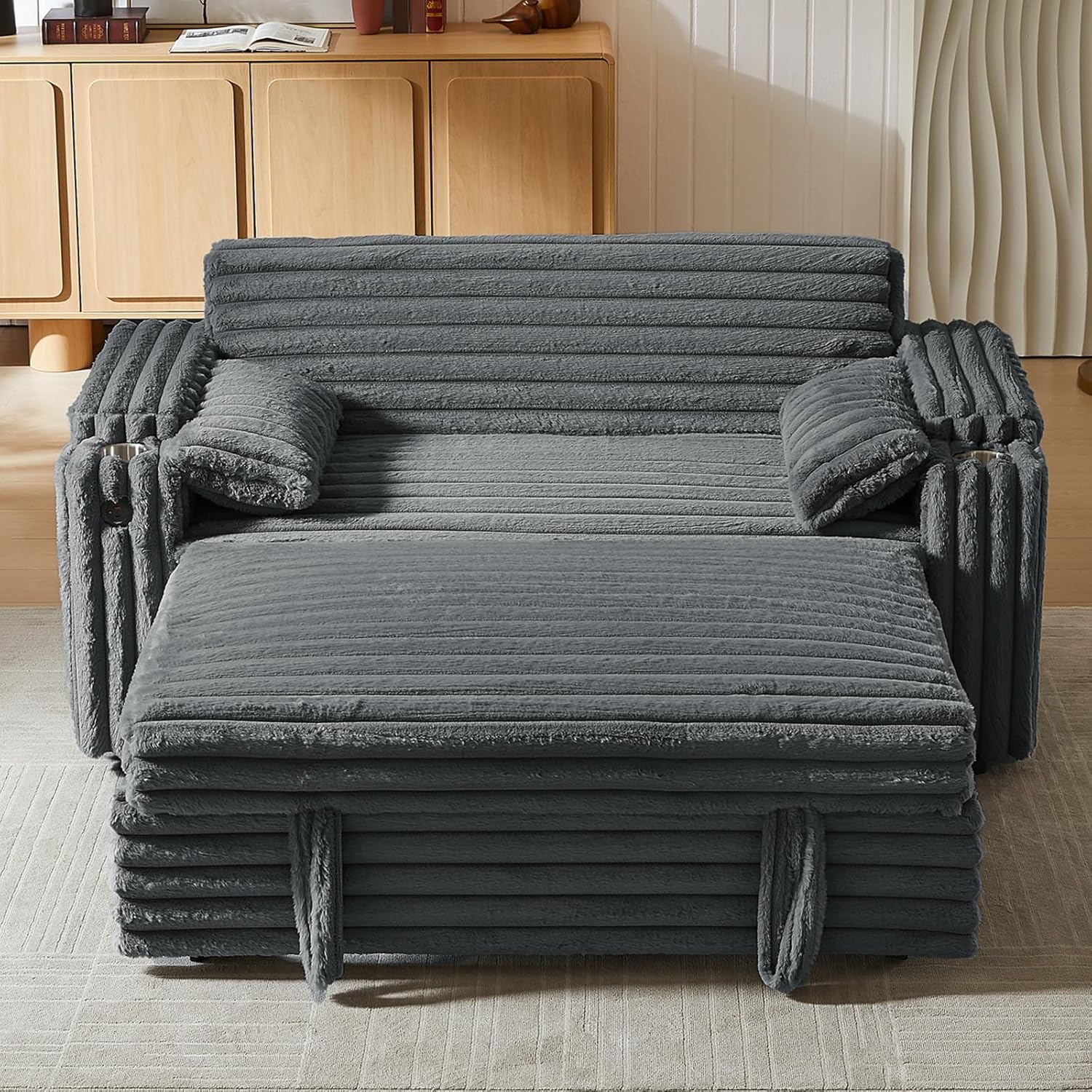 65'' 3-in-1 Folding Convertible Sofa Bed, Queen Size Pullout Sofa, Modern Chenille Fabric, 360° Swivel Side Table, Easy Assembly, Perfect for Living Room