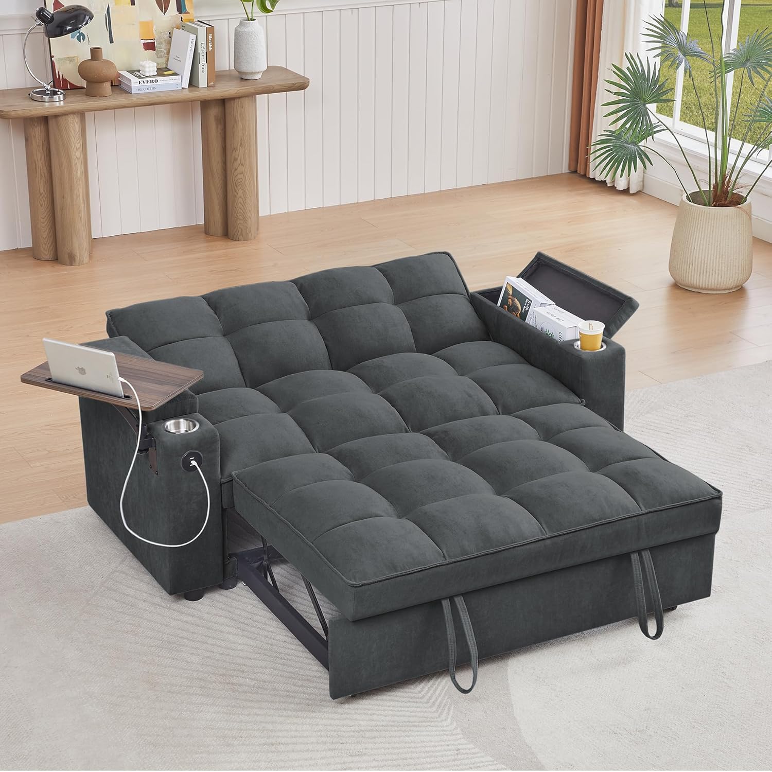 65'' 3-in-1 Folding Convertible Sofa Bed, Queen Size Pullout Sofa, Modern Chenille Fabric, 360° Swivel Side Table, Easy Assembly, Perfect for Living Room