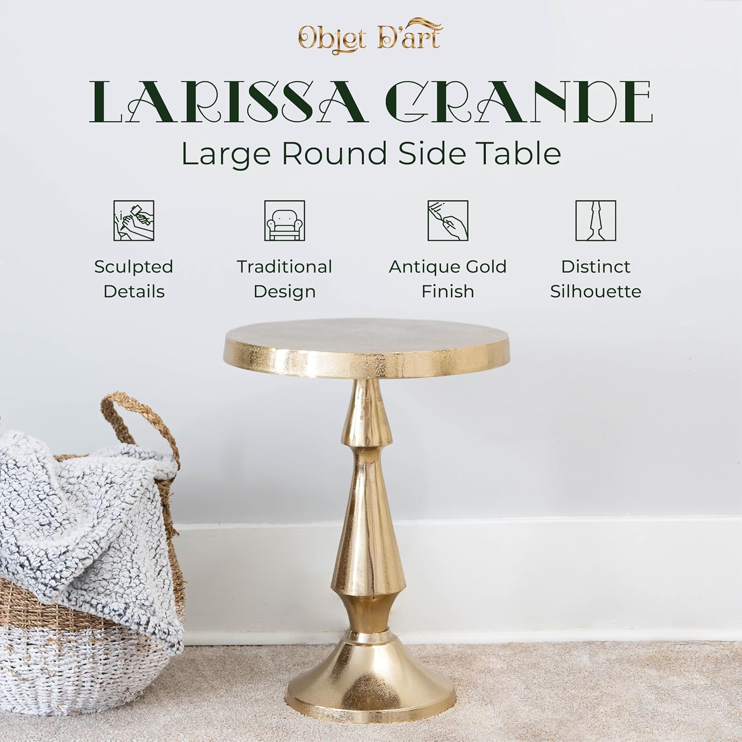 OBJET D'ART Medium Round Metal Side Table, Larissa, 21.5" Height, Vintage Metal Accent, Side, Pedestal, Coctail and Drink Tables for Living Room and Small Spaces