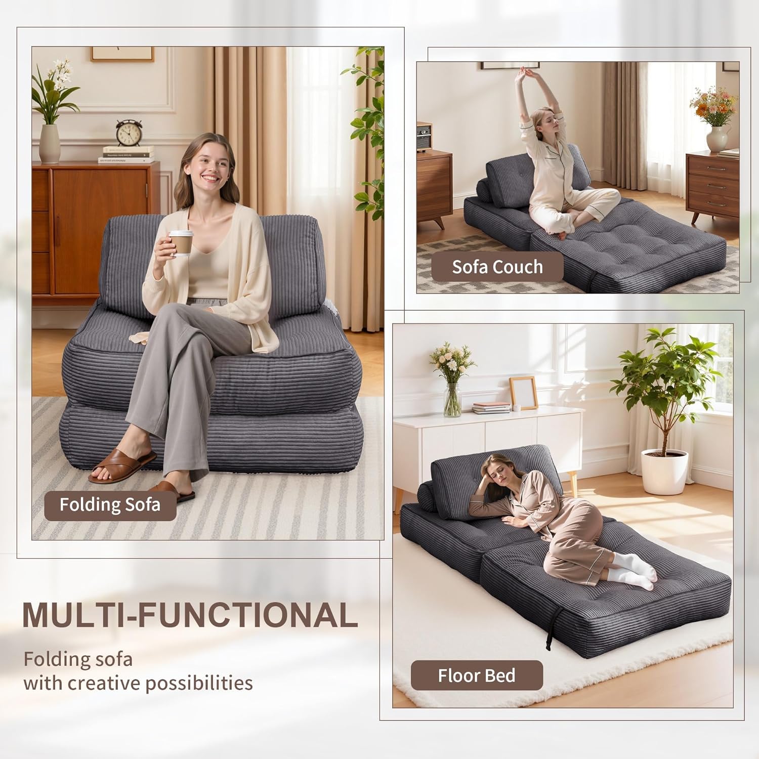 Folding Sofa Bed, Convertible Sleeper Chair with Back Support & Pillow, Foldable Floor Couch with High-Density Foam, Futon Mattress for Living Room/Bedroom/Apartment/Guest, Single, Dark Grey