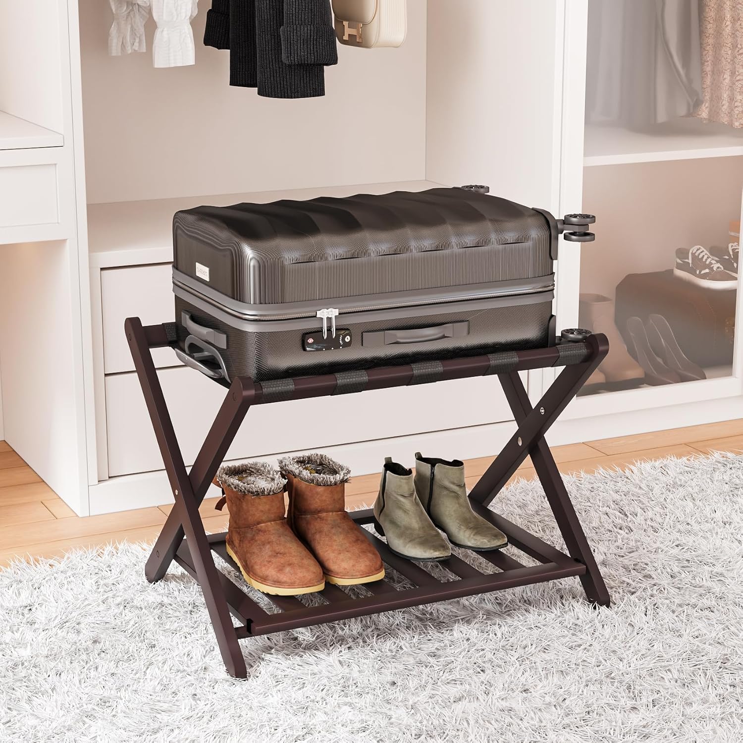 Fully Assembled Walnut Bamboo Luggage Rack with Shoe Shelf, Folding Suitcase Stand with 5 Heavy-Duty Straps, Large Wooden Luggage Holders for Guest Room, Ideal for Bedroom, Hotel