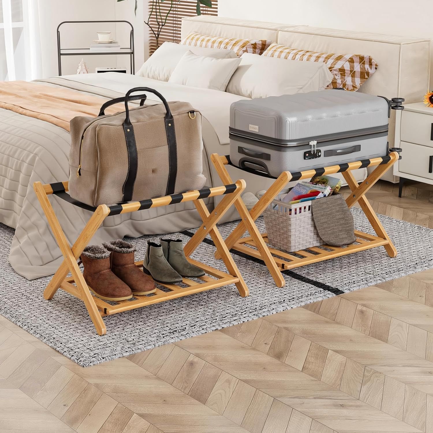 Fully Assembled Walnut Bamboo Luggage Rack with Shoe Shelf, Folding Suitcase Stand with 5 Heavy-Duty Straps, Large Wooden Luggage Holders for Guest Room, Ideal for Bedroom, Hotel