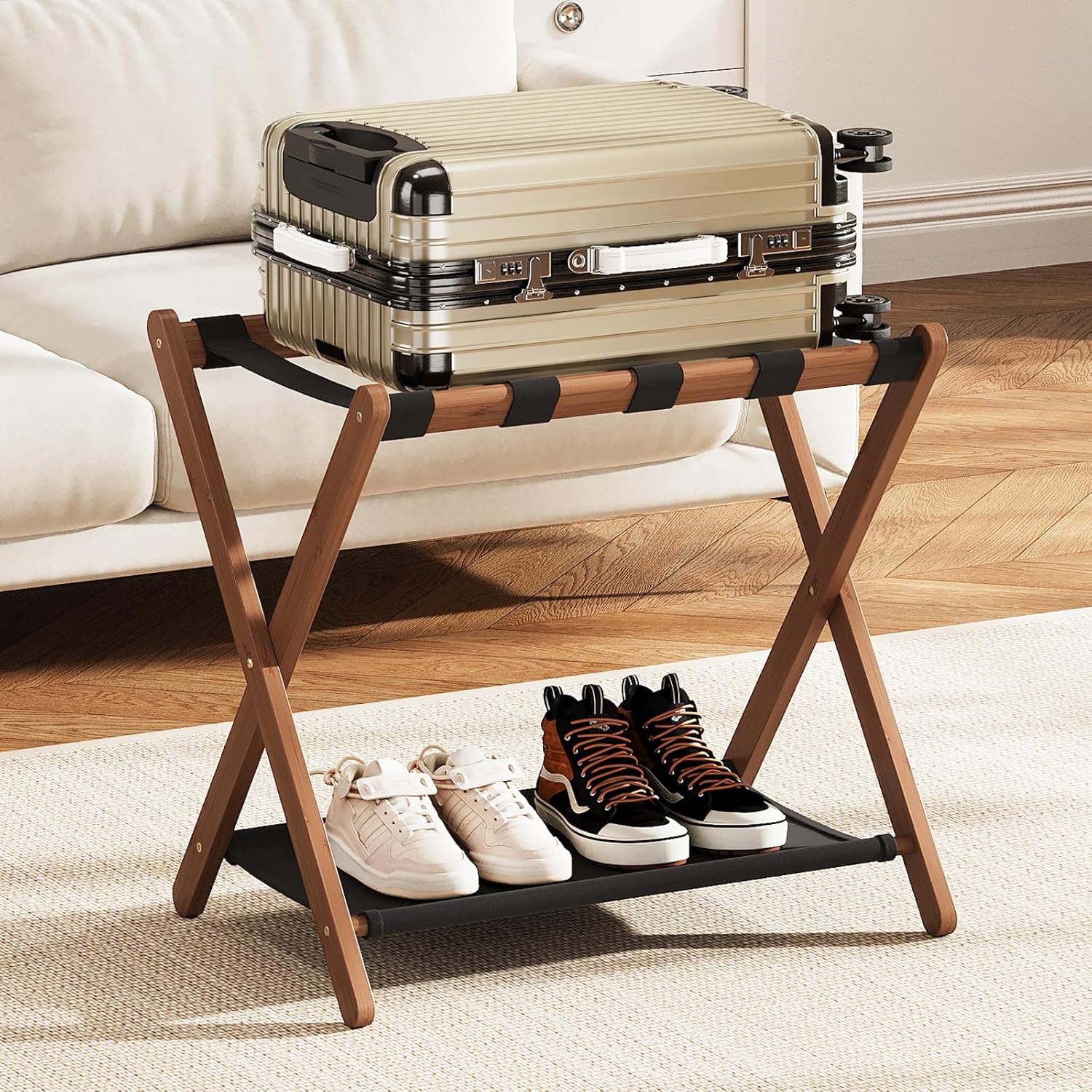 Fully Assembled Walnut Luggage Racks Set of 2, Bamboo 26.77" Luggage Rack Stand for Guest Room, 5 Nylon Straps, Foldable Suitcase Stand with Storage Shelf for Bedroom Hotel, Holds up to 165 Lbs