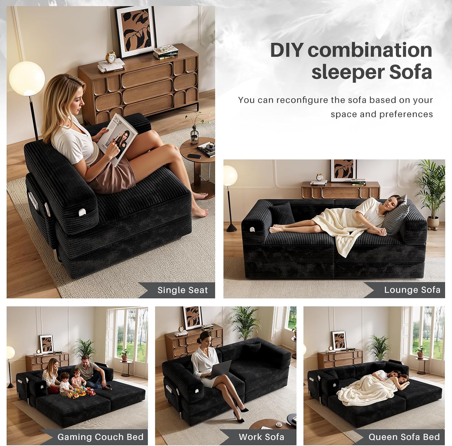 78" Convertible Sofa Bed, Modular Corduroy Floor Sleeper Sofa with Fixed-Shape Frame and 2 Pillows, Love Seat Folding Mattress Couch for Living Room Small Spaces - No Assembly, Black