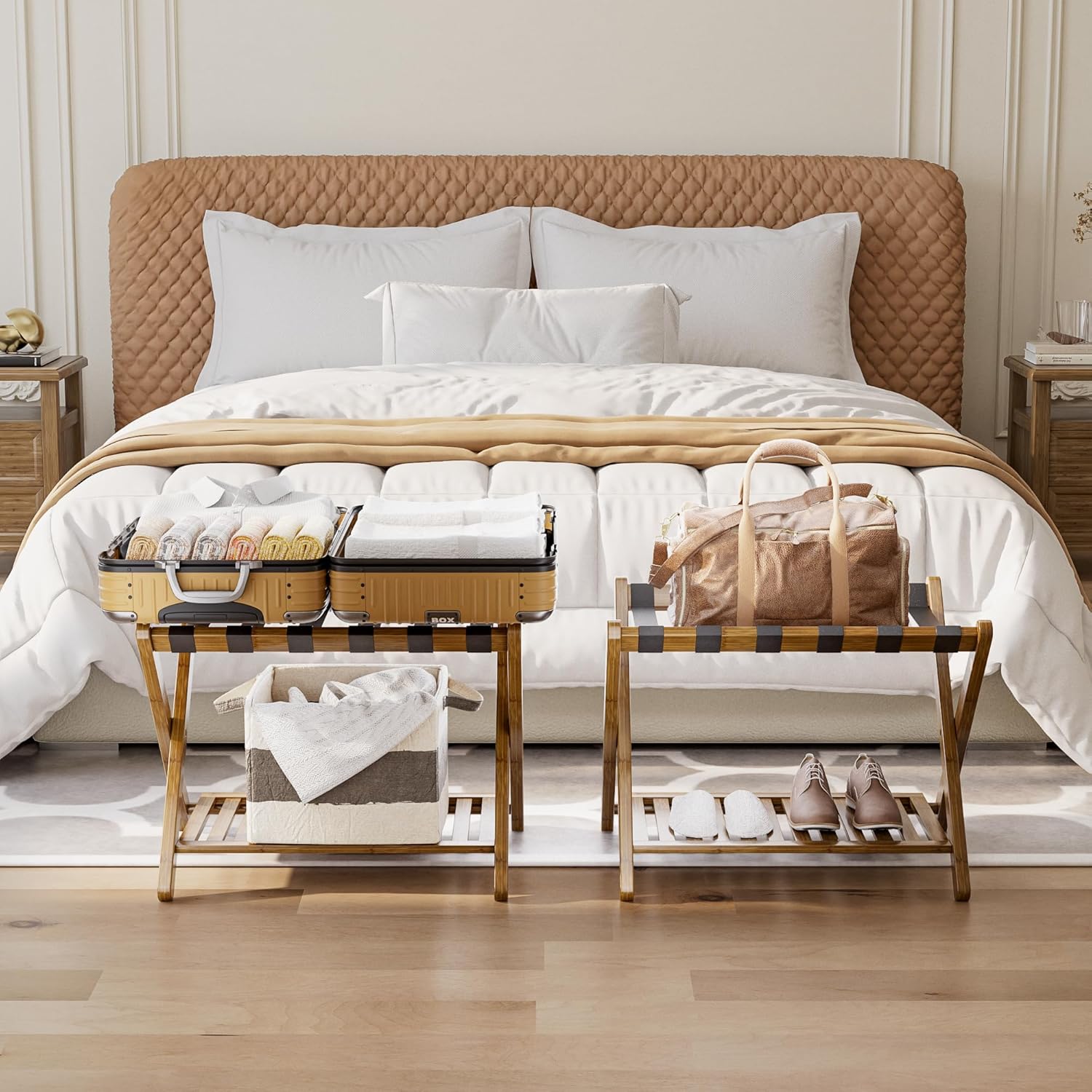 SMIBUY Luggage Rack, Set of 2, Foldable Bamboo Suitcase Stand with Storage Shelf for Guest Room, Bedroom, Hotel, Heavy-Duty (Walnut)